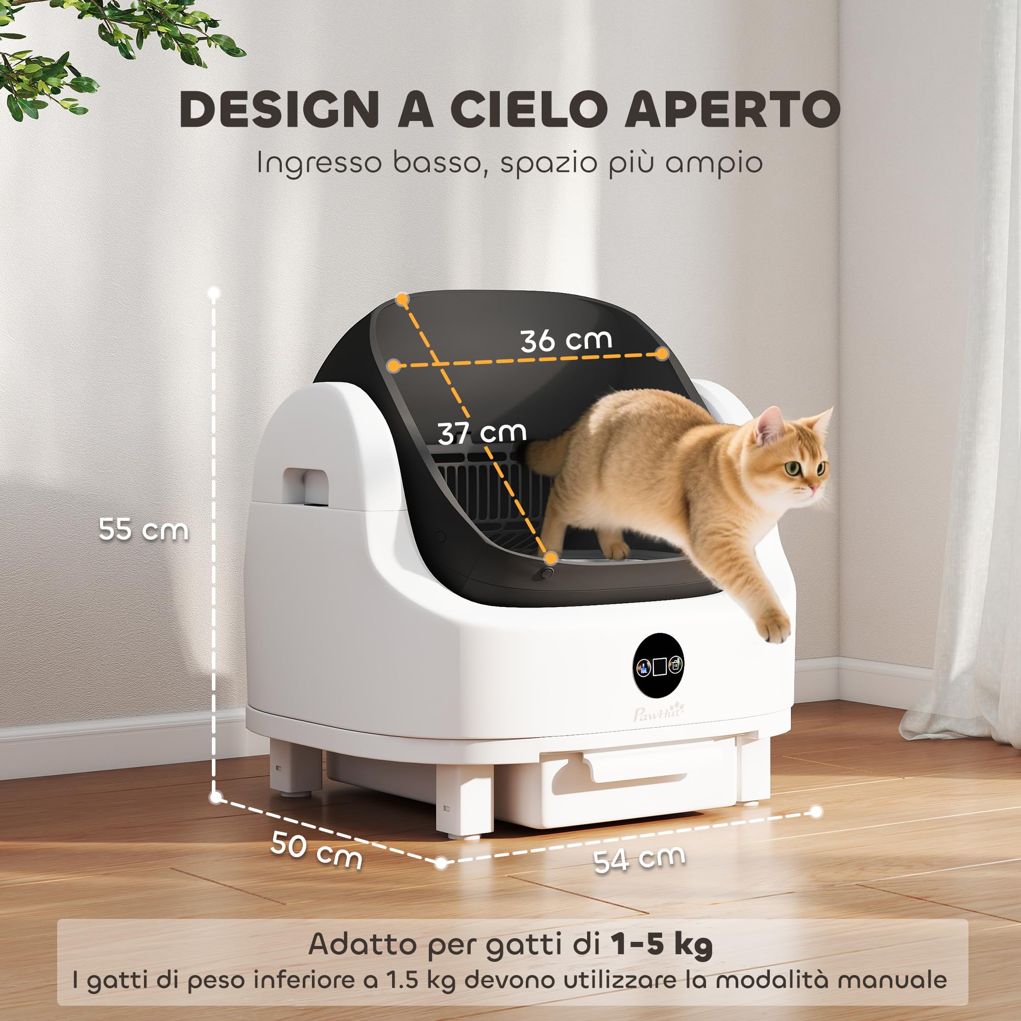 PawHut Lettiera Gatto Autopulente, Lettiera Automatica per Più Gatti | Design Aperto, Sensori di Sicurezza, Deodorante, Contenitore Rifiuti 8L, Sacchi Spazzatura, Silenzioso, per Gatti 1-5 kg