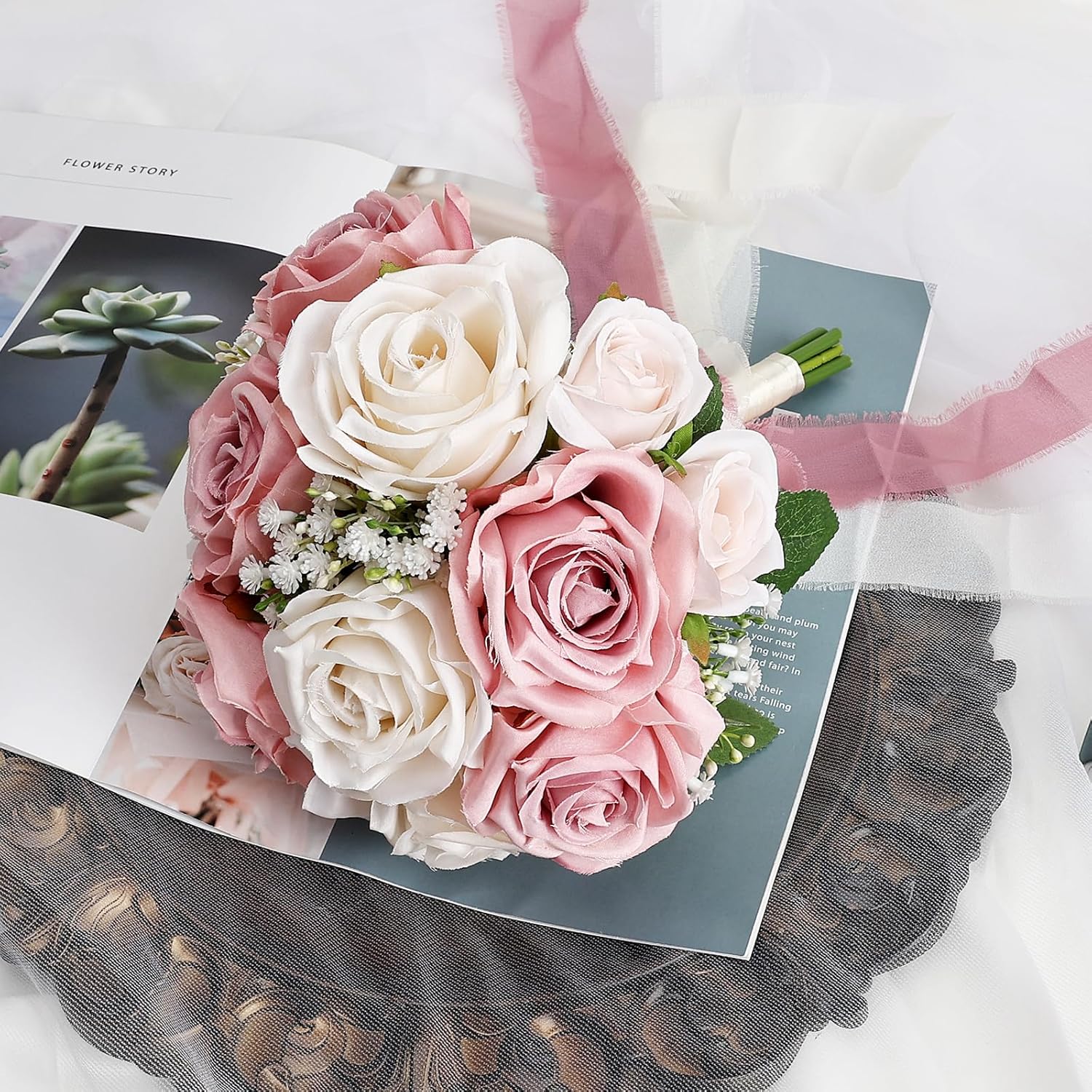 Wedding Bouquet for Bride - Premade Simple Artificial Roses Flowers for Bridal Shower Destination Ceremony Anniversary Decorations - Dusty Pink & White - Image 3