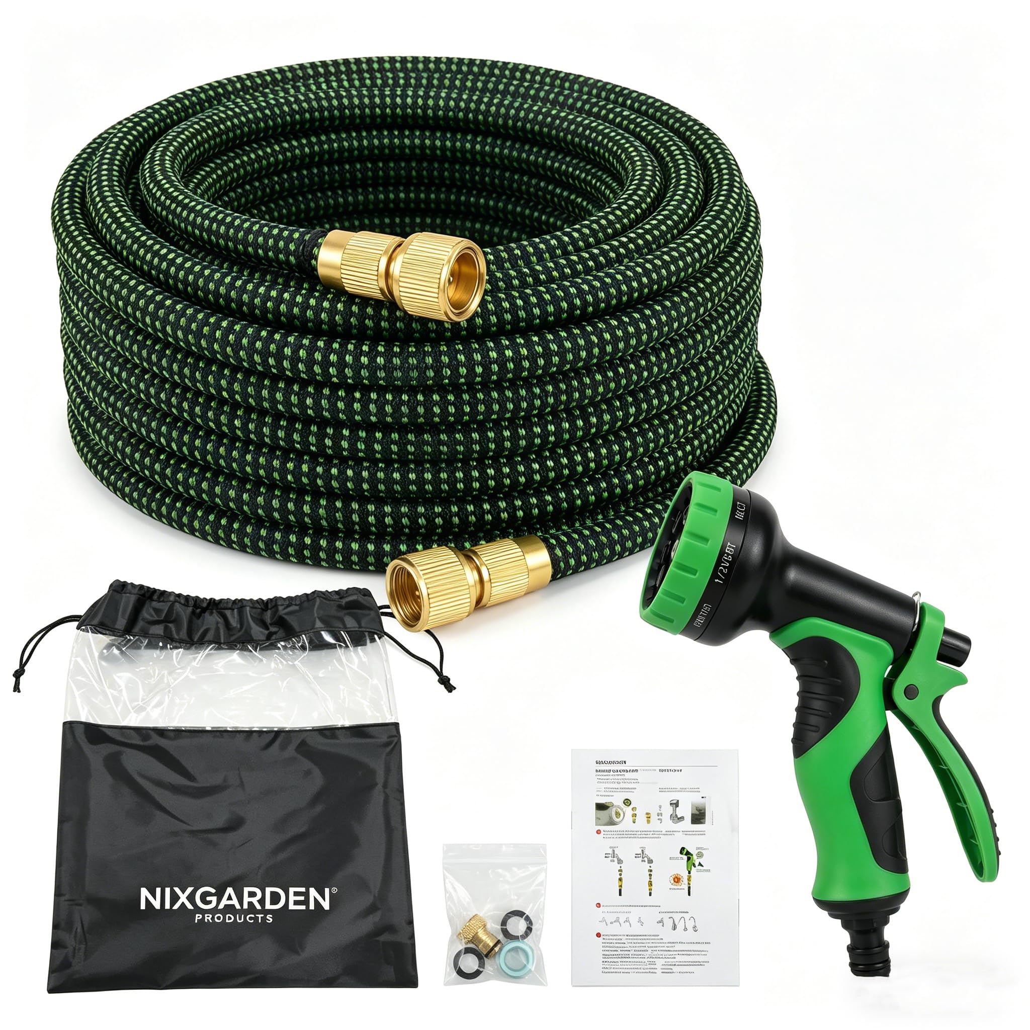 Manguera Extensible con Pistola Multifunción, Conectores de Latón y Bolsa de Almacenaje, Manguera Flexible Antitorsión para Jardín y Limpieza