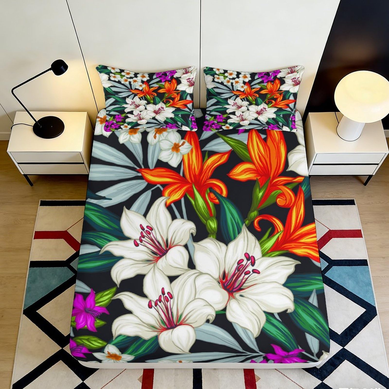 3D Printed Tropical Lily Fitted Sheet Microfiber Soft Floral Orange Mattress Cover for Bedroom Guest Room Decor 90x200x25cm