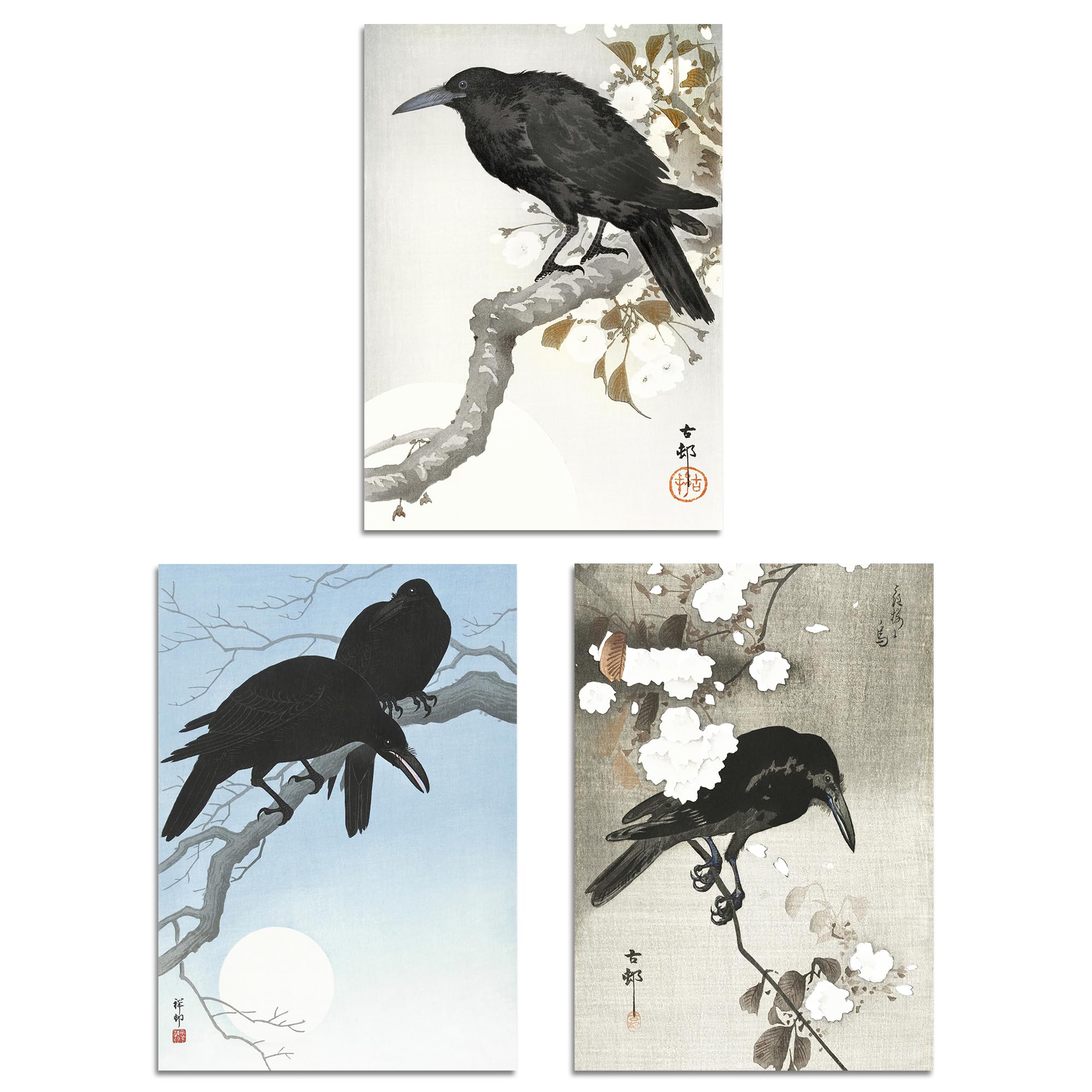 Artery8 Set of 3 Ohara Koson Crows Japanese Art Prints - A4