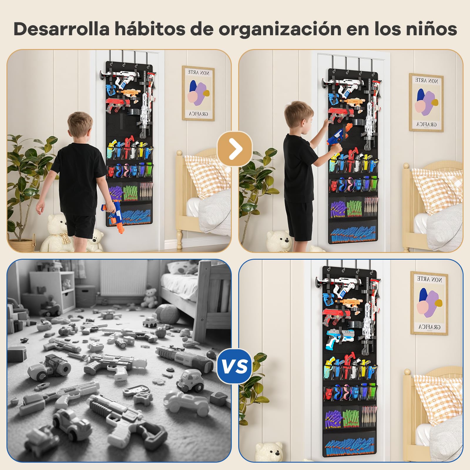 Organizador de puerta para pistolas de juguete, con bolsillos y correas velcro ajustables, para blasters de espuma, dardos, gafas – ahorrador espacio para habitación infantil y sala de juegos