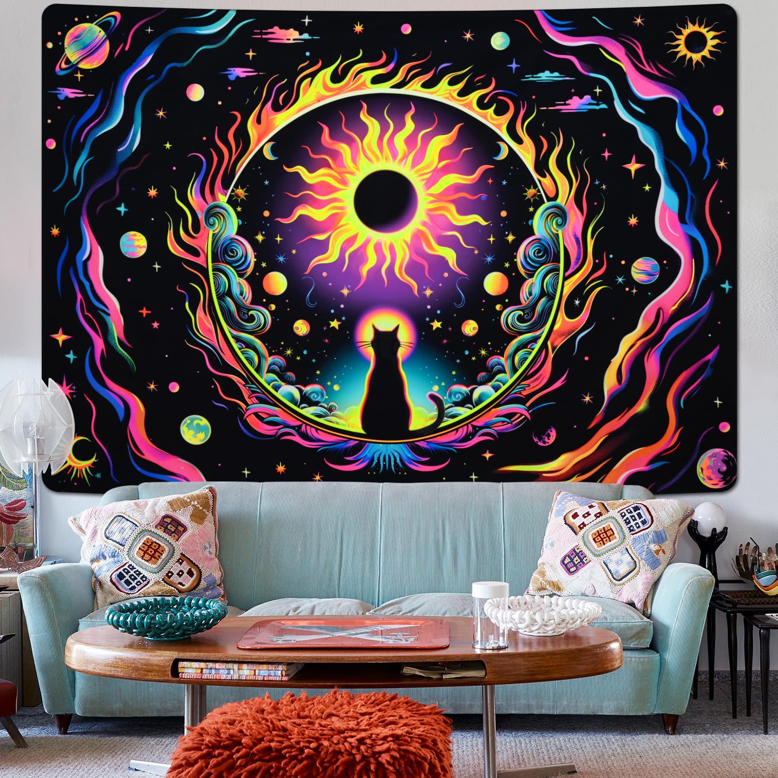 Psyche Miroir Toile De Fond UV Tapisserie Lumière Noire Art Psychédélique Dark Sun