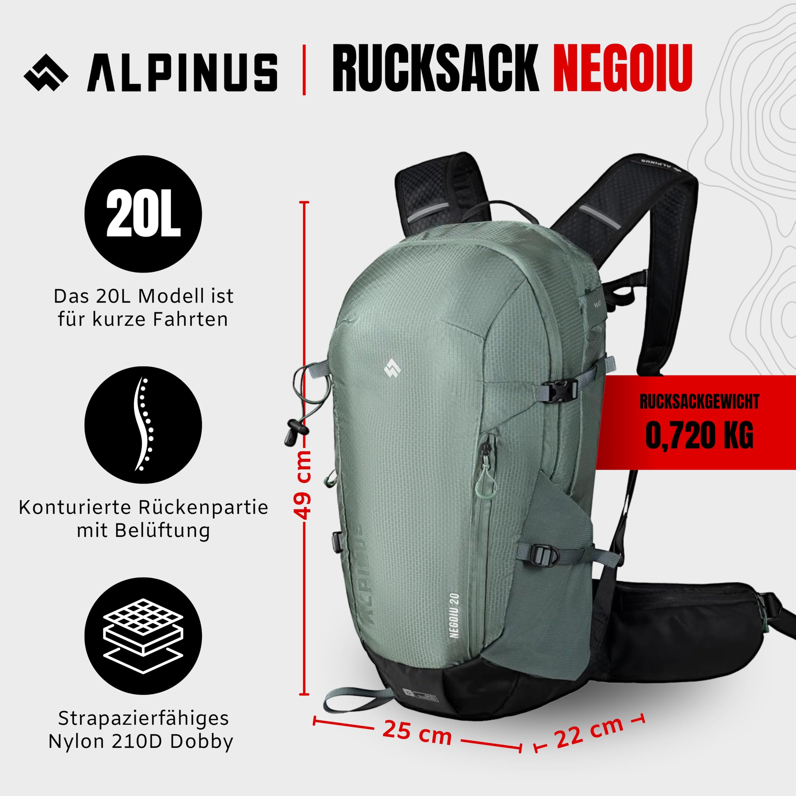 Alpinus - Negoiu 20L Plecak turystyczny, plecak sportowy i outdoorowy, trekkingowy z materiału odpornego na ścieranie, na jednodniowe wycieczki, plecaki turystyczne, ergonomiczny- szałwiowy zielony