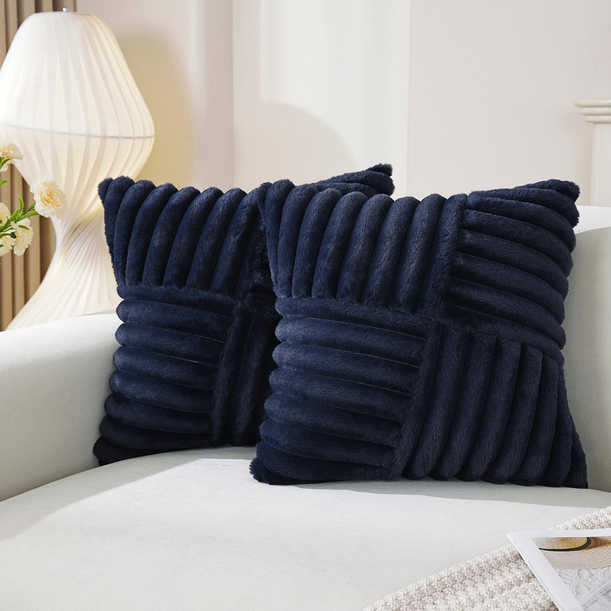 TAOSON Set of 2, Navy Blue Faux Fur Throw Pillow Covers 18x18 - Plush Fluffy Velvet Cushion Cases, Patchwork Striped Fuzzy Pillow Shams for Cozy Home Decor on Bed, Sofa & Living Room