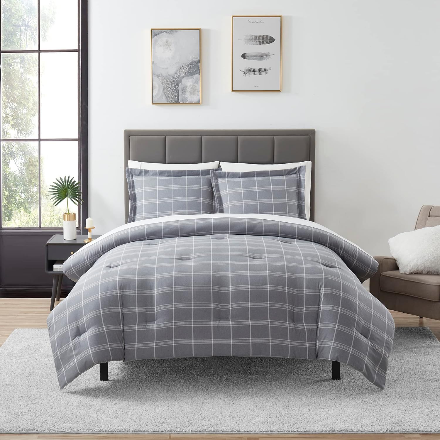Parure de lit 5 pièces drap-housse drap plat couette taies d'oreiller gris