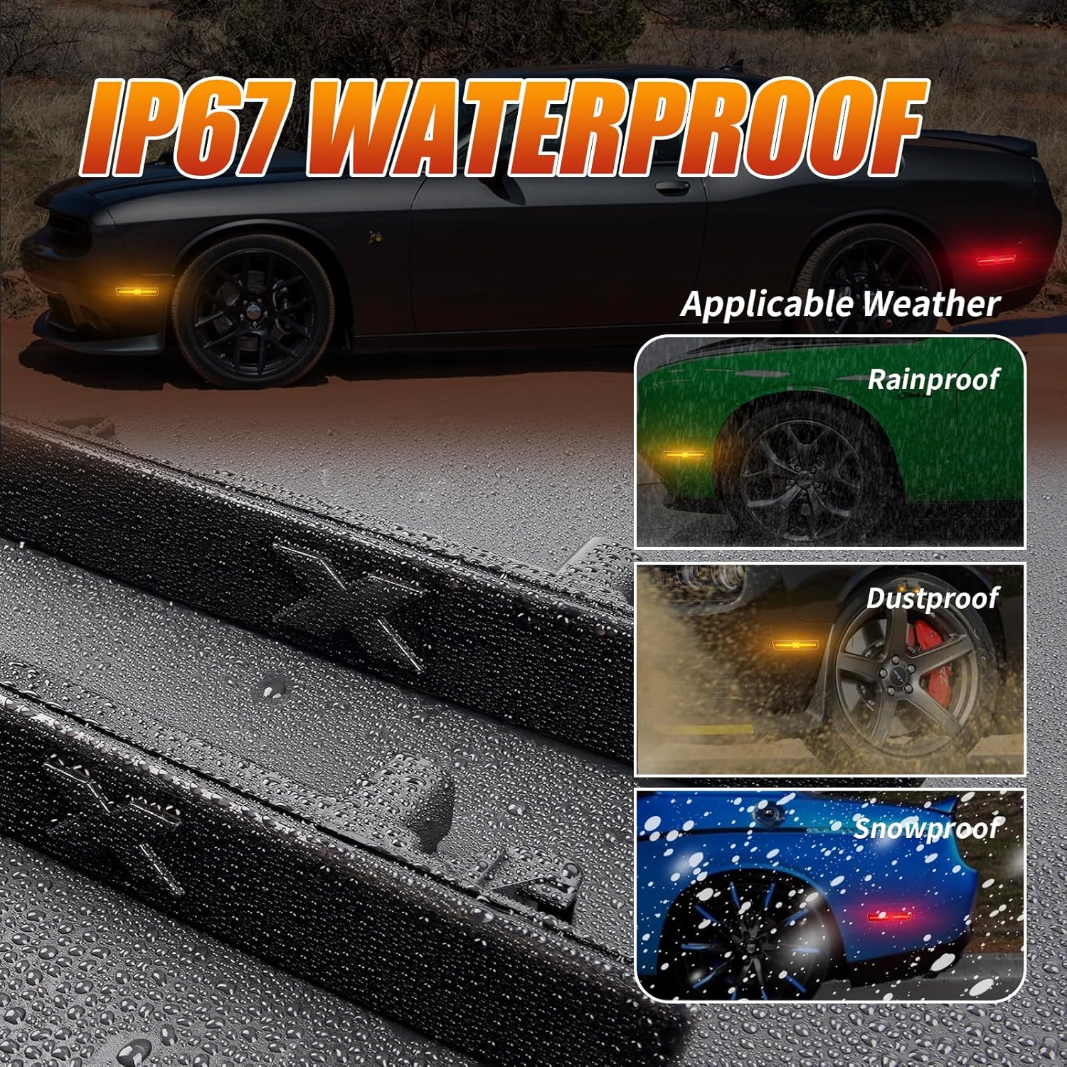 LED Side Marker Lights Amber & Red for Dodge Challenger 2015-2020, Front & Rear Bumper Side Markers Lamps Smoked Len, 4PCS (Xstyle Spirit Snake Series - Patent Pending)