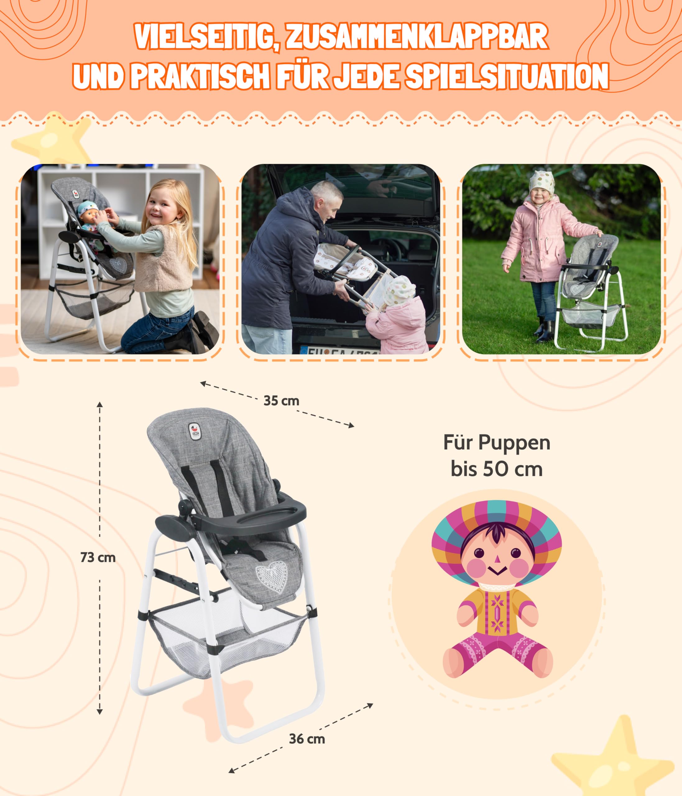 Chaise Haute Poupée Bayer Chic 2000 - Rose Confettis - Siège Réglable Relax + Plateau Amovible - Pour Poupées 50 Cm 3-8 Ans