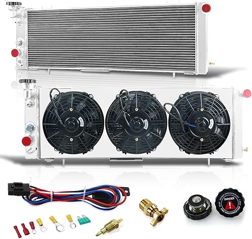 OzCoolingParts Radiador Pro KKS1193 de aluminio de 3 filas + ventilador de 3 x 9 pulgadas con cubierta + termostatocable de relé para 1984-2001 85