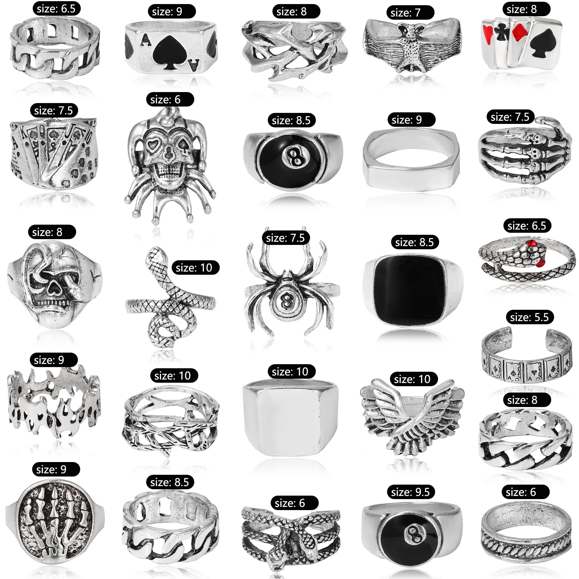26 Pcs Vintage Silver Punk Rings Set for Men Cool Gothic Chunky Rings Statement Snake Wing Signet Ring Set