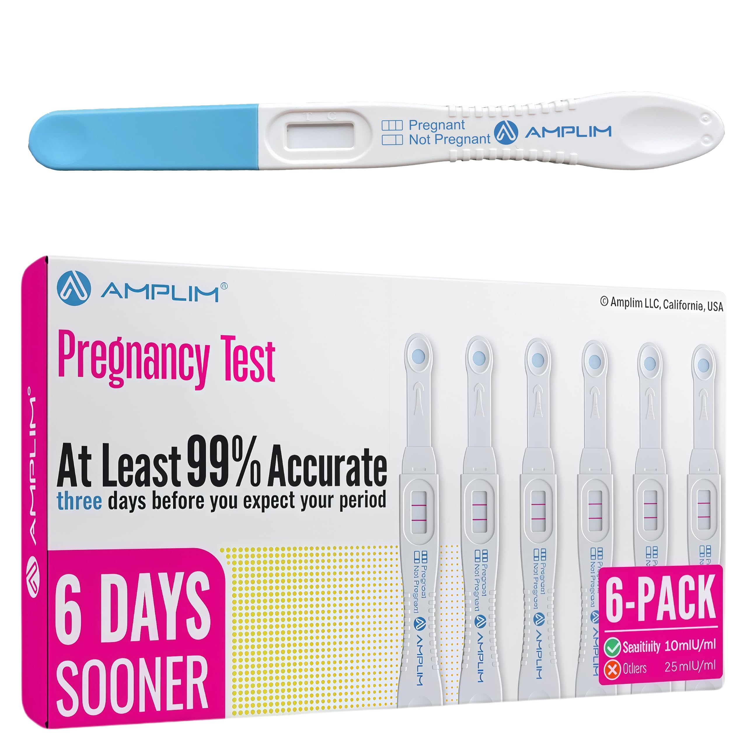 Amplim Pregnancy Test 6 Pack – Early Detection HCG Urine Test for Women, High Sensitivity, Rapid Home Midstream Test, Clear & Accurate Results, Easy to Use, Reliable & FSA HSA Eligble