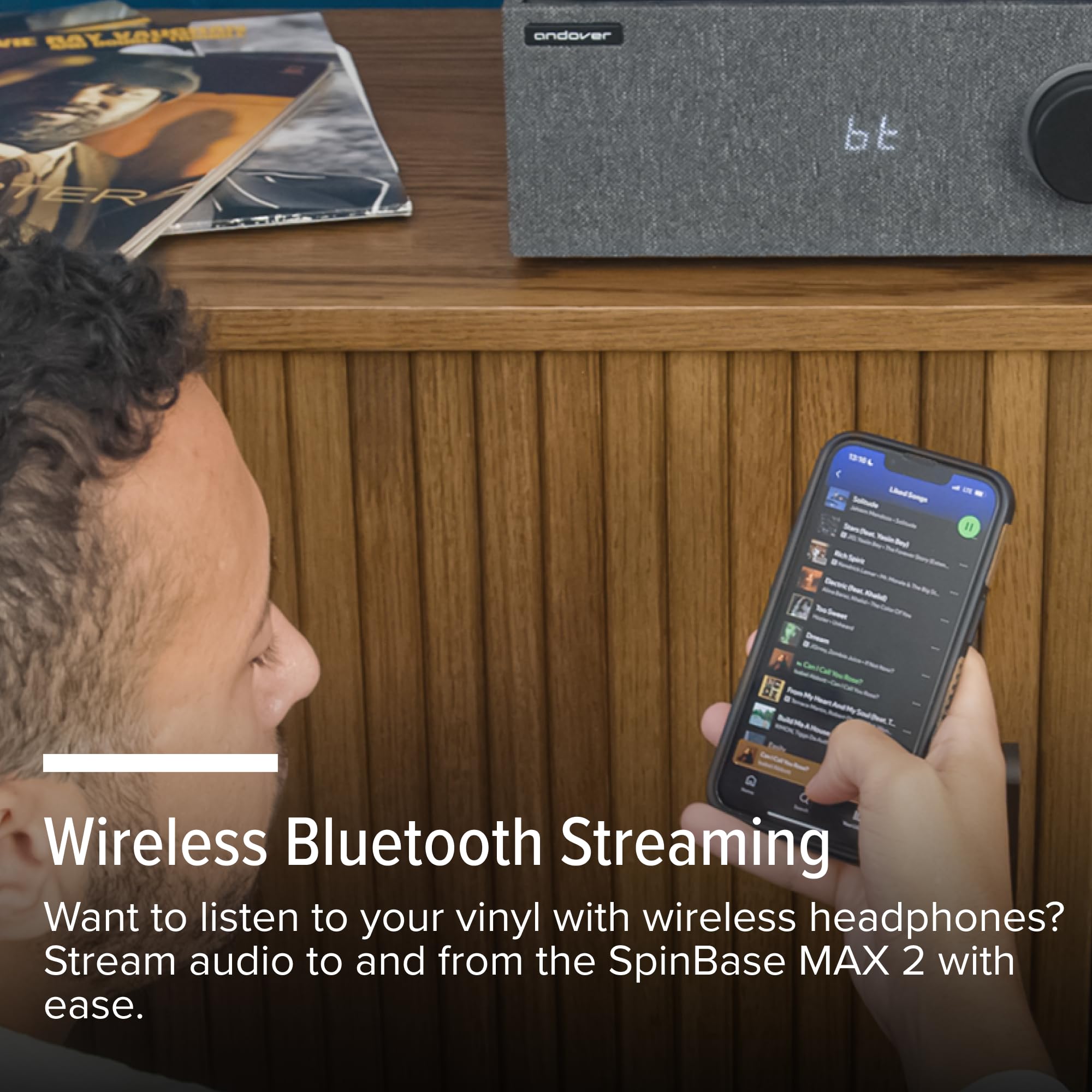 Andover Audio SpinBase MAX 2 Premium Sistema di altoparlanti Bluetooth Streaming preamplificatore phono controlli capacitivi tecnologia IsoGroove