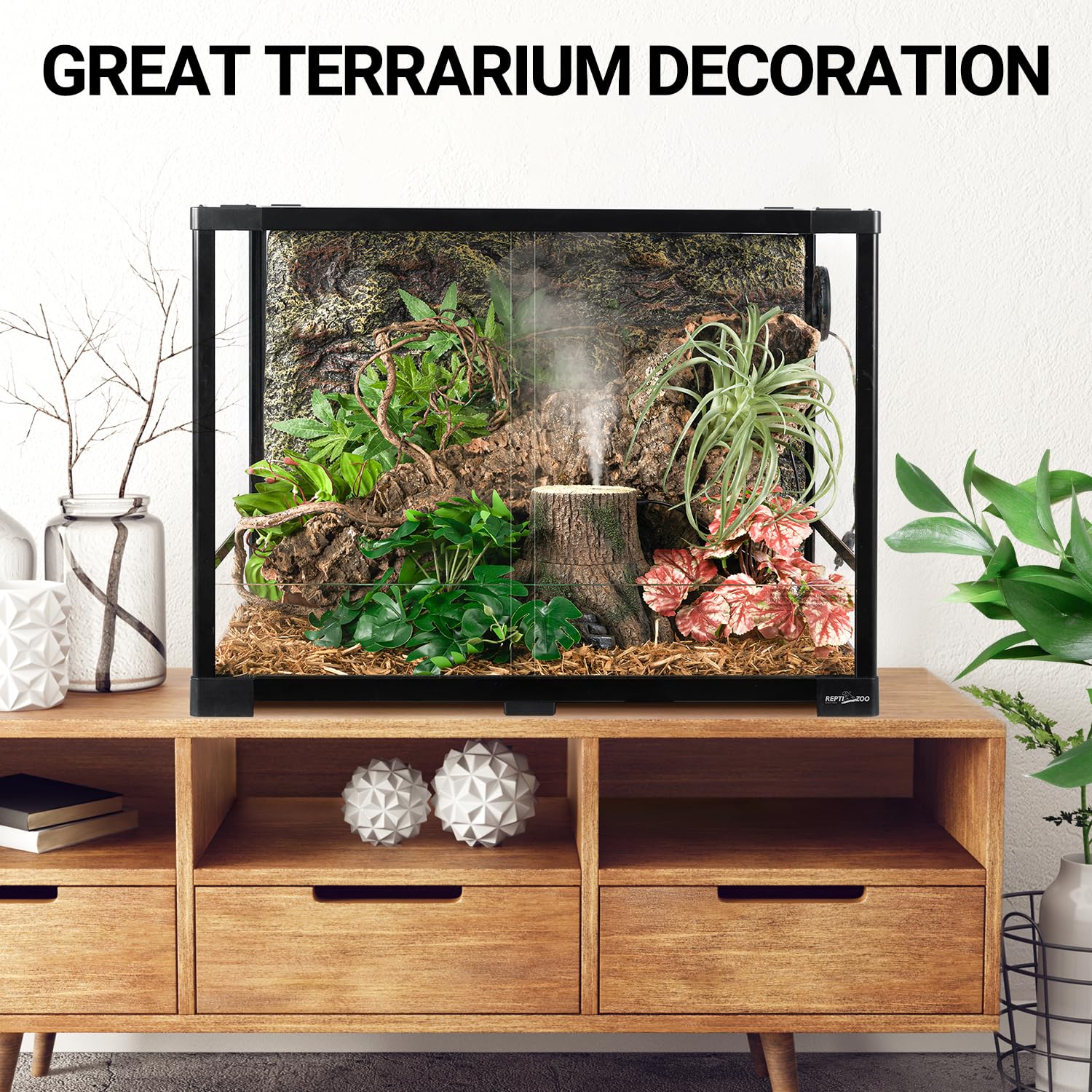 REPTIZOO Humidificador de reptiles, humidificador de tronco de árbol con salida de niebla superior, 1000 ml, humidificador de terrario desmontable, sistema de nebulización de reptiles, decoración de