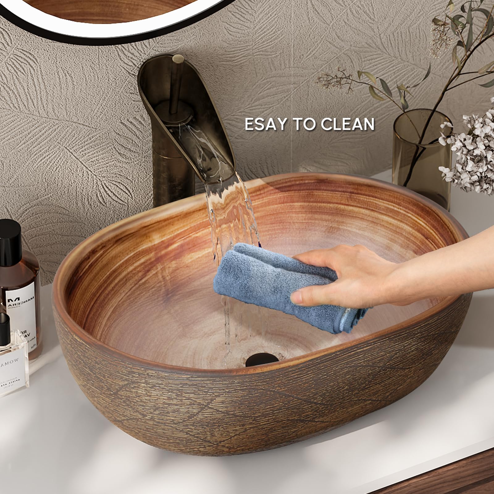 homary Waschbecken Oval aus Keramik, Modernes Aufsatzwaschbecken, 48x34cm Waschschale ohne Überlauf Edles Design-Waschbecken für Badezimmer und Gäste-WC, Kratzfestes