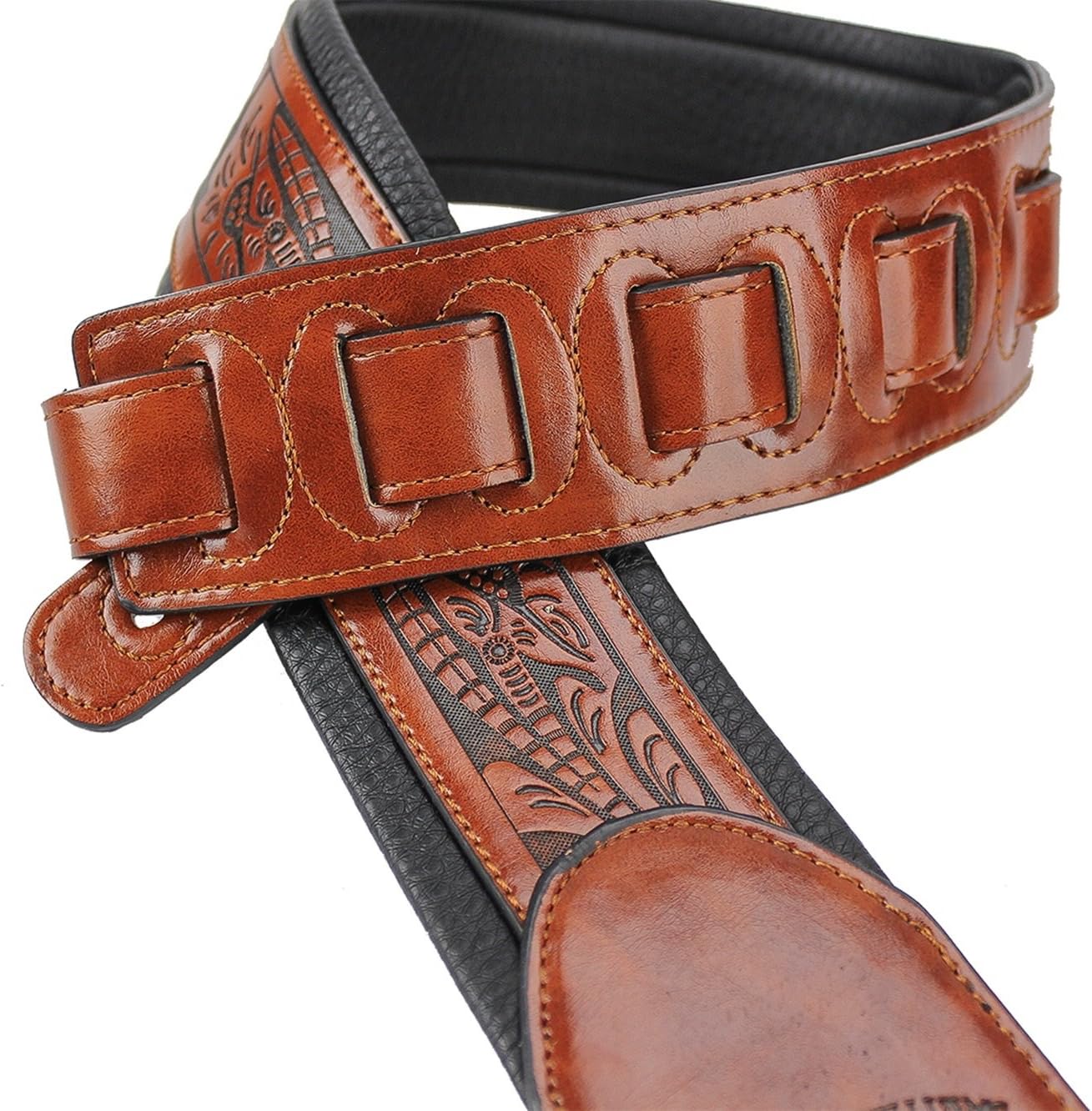Walker & Williams G-114 Chestnut Brown Strap with Embossed Live Oak Tooling & Padded Back For Acoustic, Electric, And Bass Guitars
