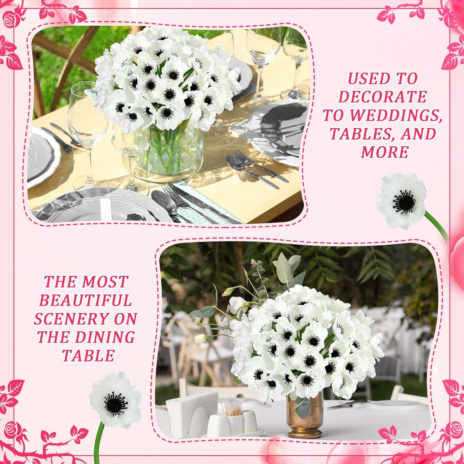 Censen 42 Pcs Artificial Poppy Flowers Bulk PU Silk Poppy Flowers 11 Inch Anemone Stems Artificial Floral Table Centerpiece Decor for Halloween Wedding Home Party Veterans Supplies(White) - Image 5