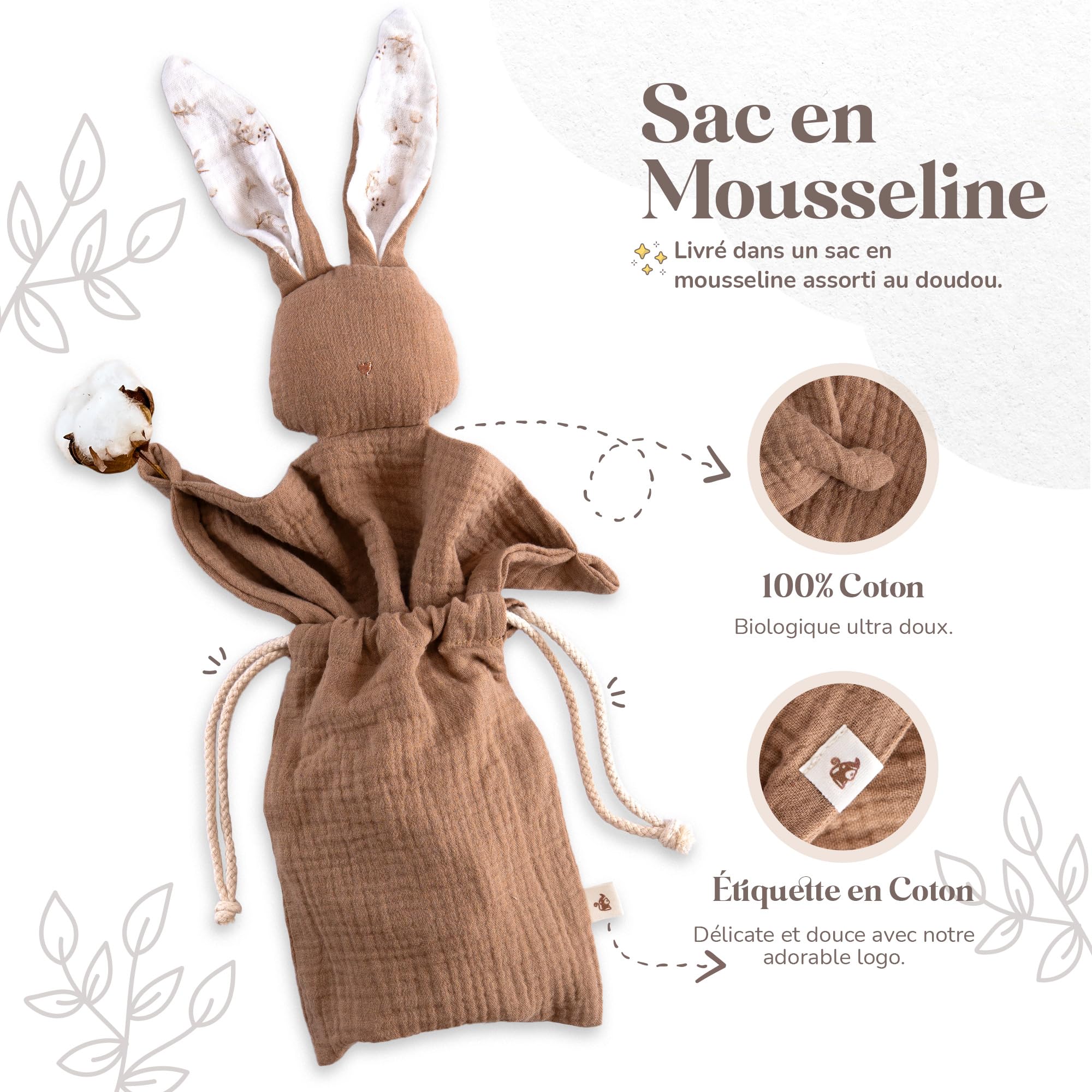 Mikito - Doudou 30x30 cm en Coton Bio - Langes en Coton - Parfait pour Envelopper Votre Nouveau-Né - Cadeaux Originaux pour Les Nouveaux-Nés (Taupe)