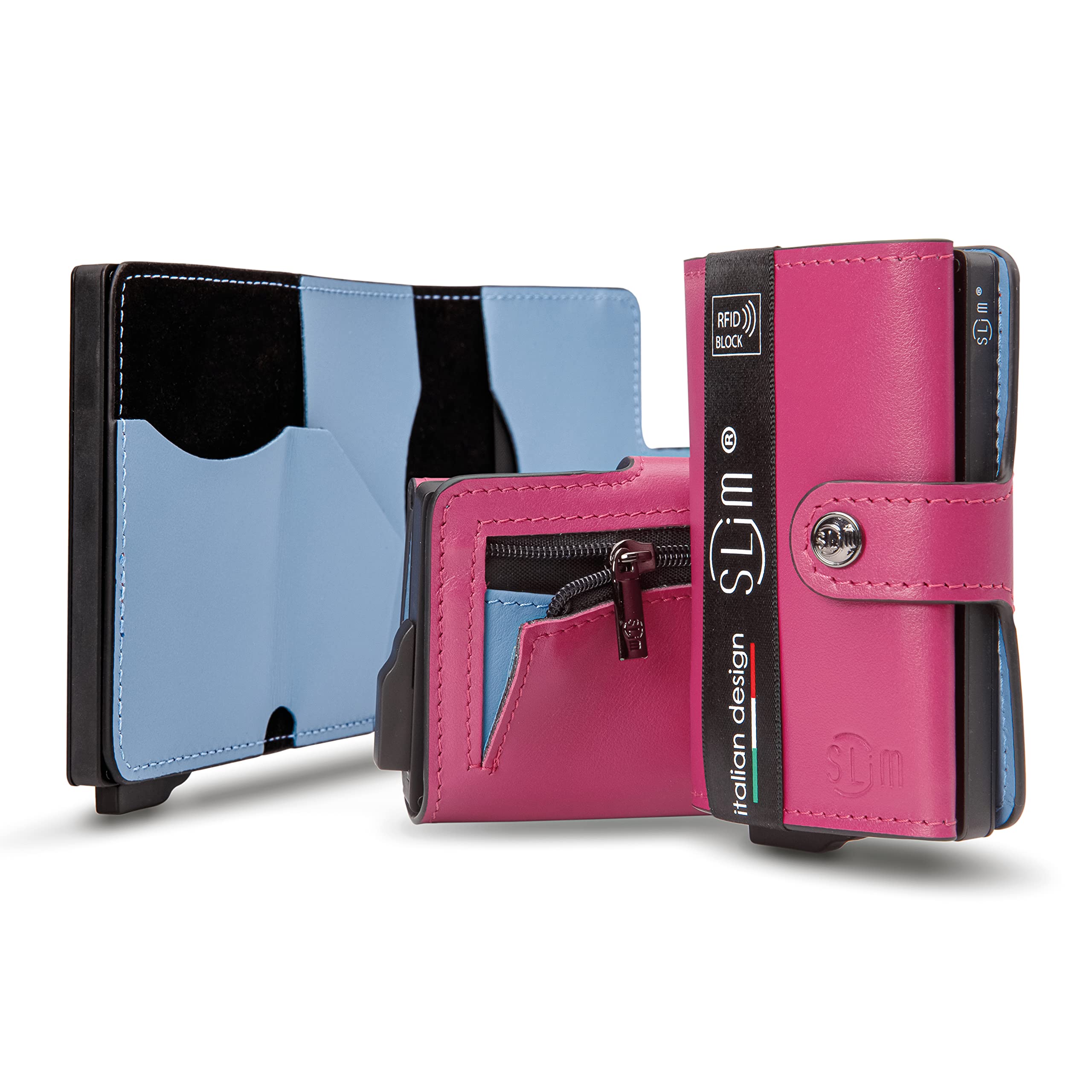 SLim Porta Carte di Credito Schermato Portafoglio Uomo Rfid Portatessere Anticlonazione Donna Portacarte Uomo (Fucsia e Celeste, Con Zip)