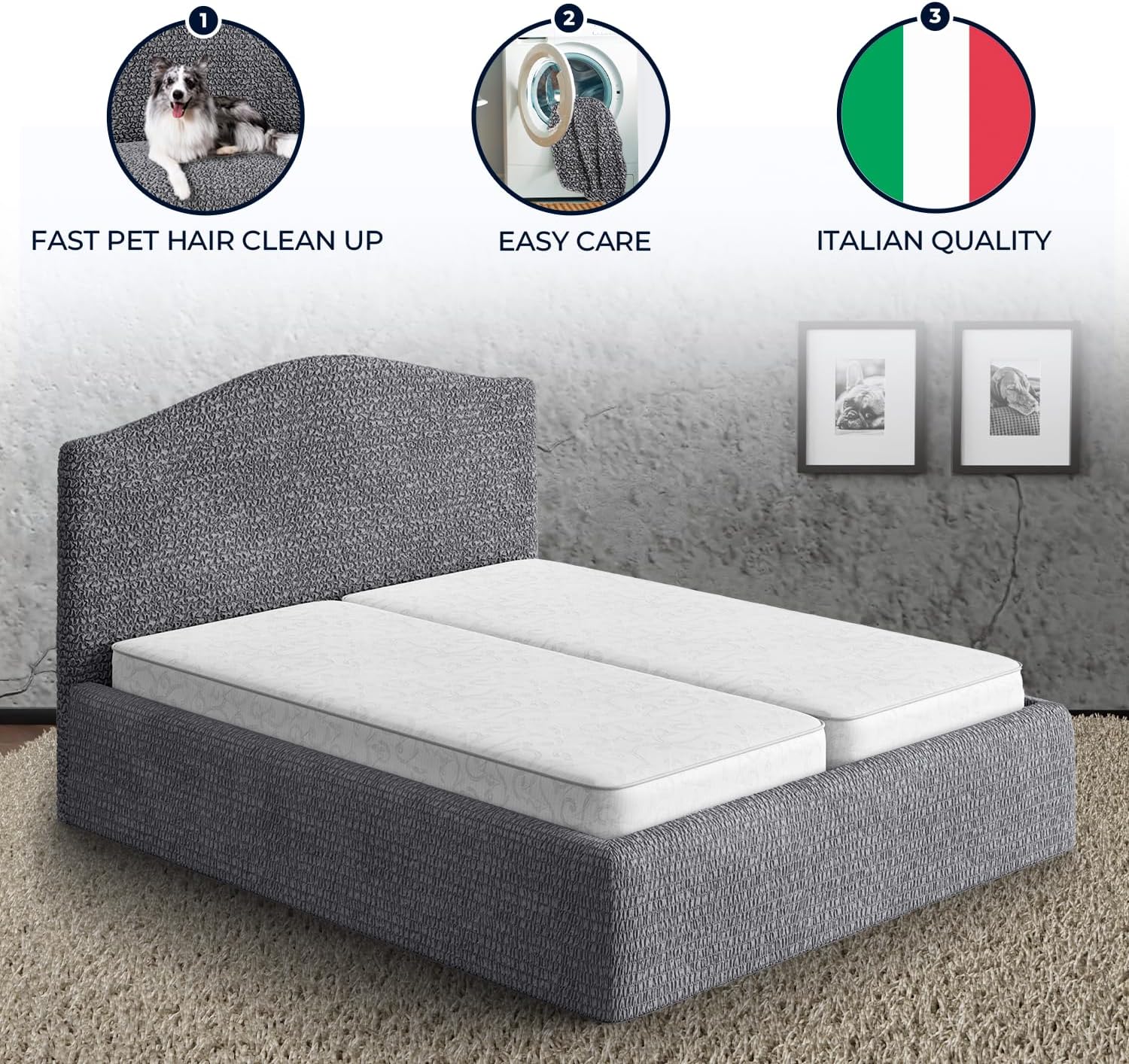 PAULATO BY GA.I.CO. Stretch Headboard and Frame Slipcover – Soft Bi-Elastic 1-Piece Bedframe Cover – Furniture Protector Machine Washable – Dark Grey (Full/Queen 55"-71" Wide)