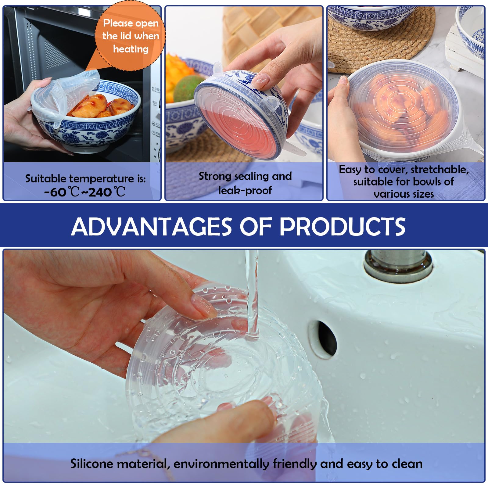 Tioncy 8 Pack Nesting Porcelain Mixing Bowl Set Round Ceramic Serving Bowls with Lid Blue and White Porcelain Food Containers with Lids for Kitchen Salad Prep Snack Fruit, 4/4.5/5/6/7/8/9/10 Inch