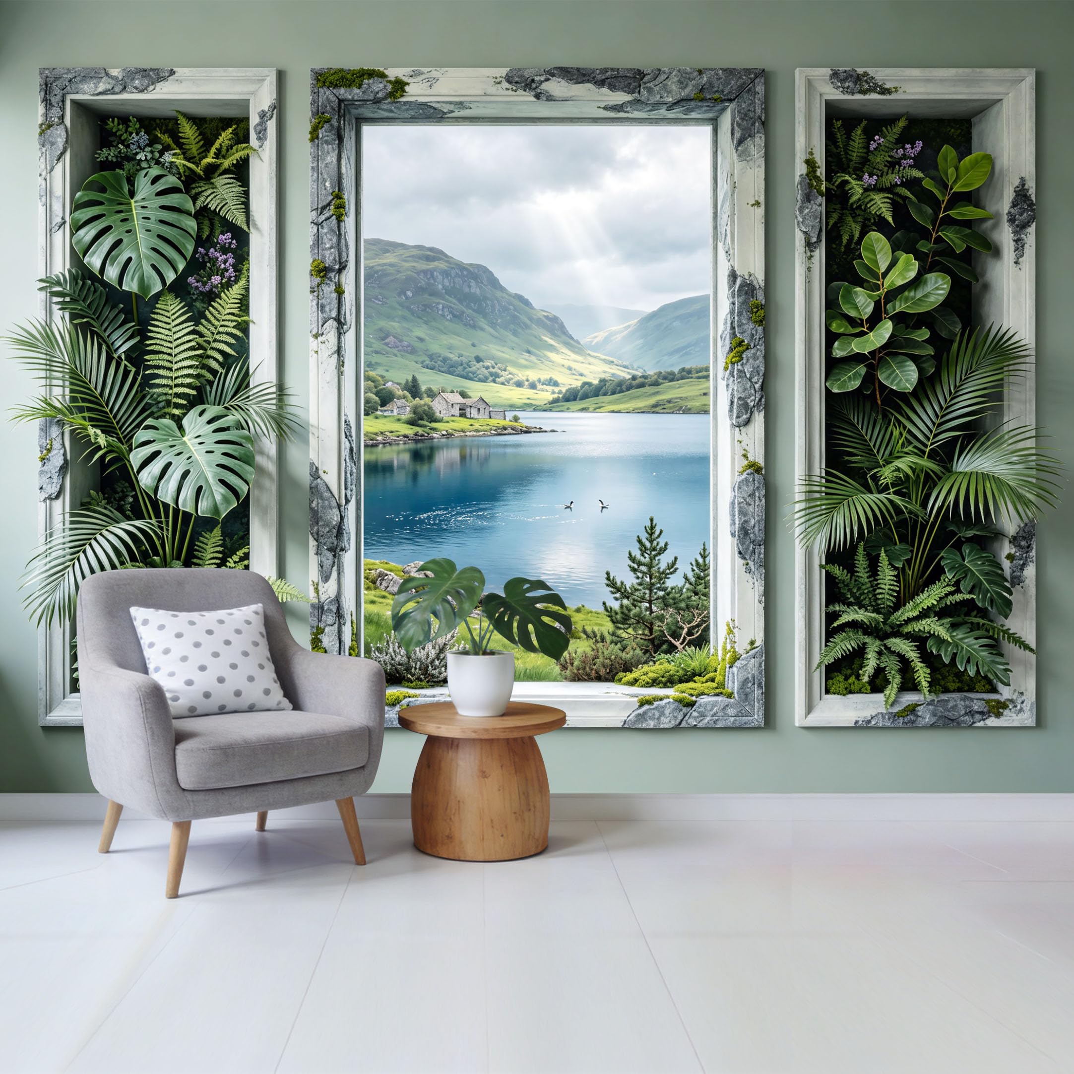 Removable Self Adhesive Fabric Mural， 3D Window View Mountain Lake Landscape Tropical Botanical Custom Size Wall Covering， UV Protected Waterproof Washable Wall Decor for Living Room Bedroom