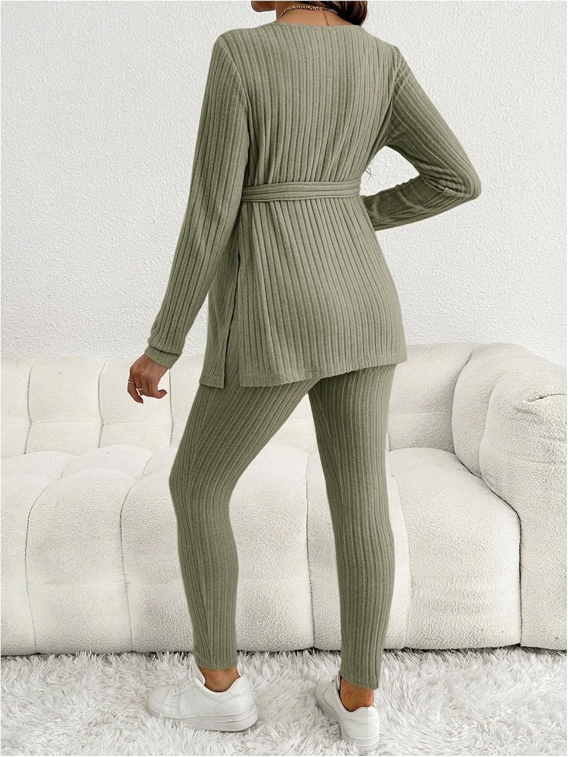 MakeMeChic Women's Maternity Clothes 2 Piece Outfit Long Sleeve V Neck Belted Tops and Leggings Lounge Set