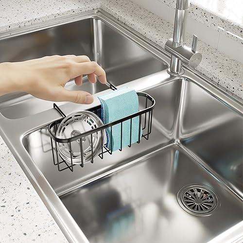 Miniatura 6 de SWTYMIKI Soporte de esponja para fregadero de cocina con partición, organizador de fregadero de cocina móvil con tamaño compacto de acero inoxidable