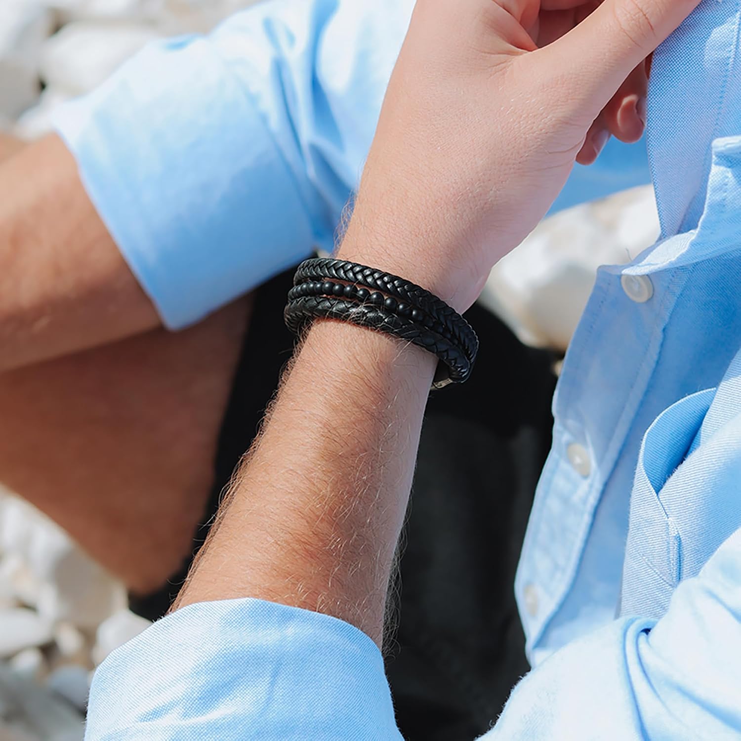 RTZN® Black Leather Bracelets for Men – Premium Artisan Handcrafted Collection – Single, Stacked, & Double Strand Braided Leather, Onyx Stone & Silver Chain Designs – Authentic Men's Leather Bracelets
