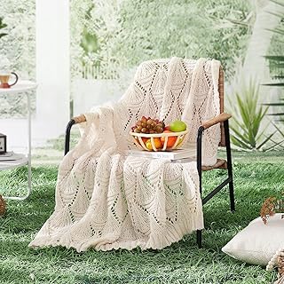 WRENSONGE Cream Cable Knit Throw Blanket, 50x60 Diamond Hollow-Out Design Knitted Throw Blanket for Couch, Bed, Sofa, Chair Cozy Warm Lightweight Outdoor Bedroom Decorative Blankets for Men Women