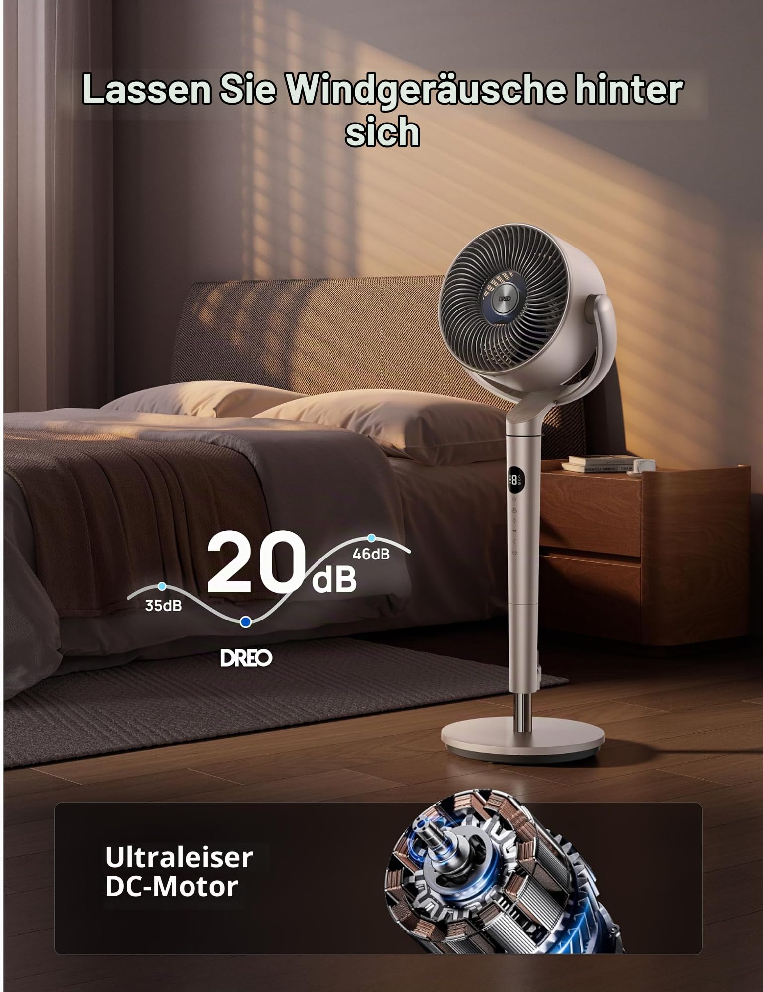 DREO Smart Standventilator mit RGB Light, 120° +120° Oszillierender Ventilator mit Fernbedienung, 20dB Leiser Bodenventilator für Schlafzimmer, 8H Timer