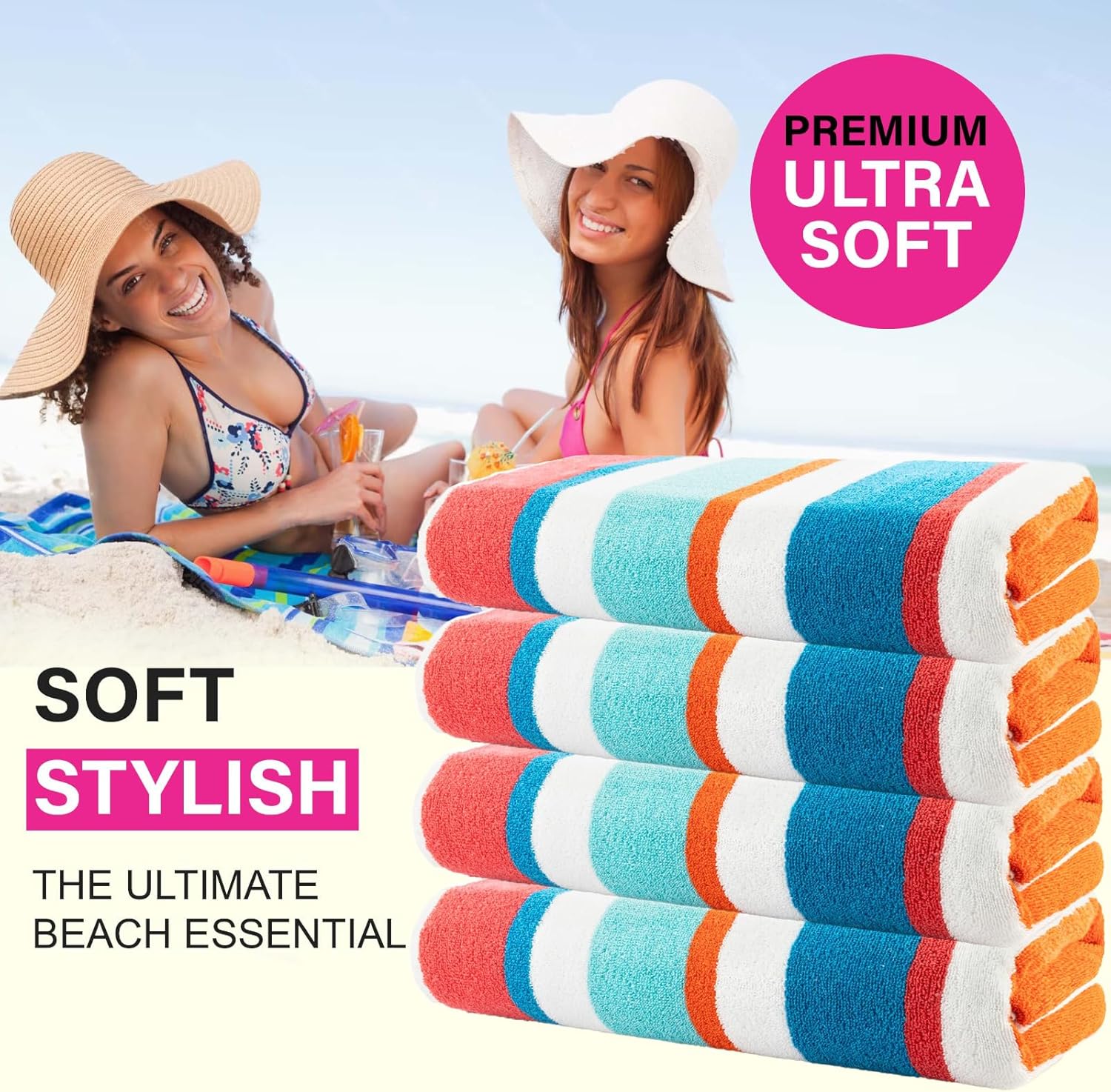 CASA COPENHAGEN Bora Bora Beach Towels Designed in Denmark Rough and Tough, Quick Dry, for Pool, Bath & Shower 30x60 inches 4 Pieces Cotton Beach Bath Towels Set - Turquoise - Image 3