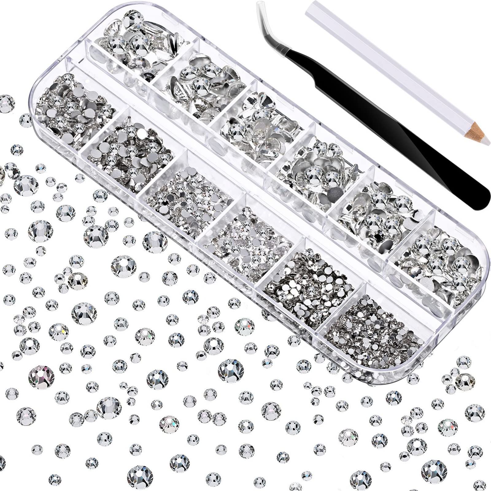 Arabest Nail Art Rhinestones, 2000 Pcs Flat Back Gems Round Crystal Rhinestones 6 Sizes with Storage Organizer Box, Tweezers and Picking Rhinestones Pen for Nail Face Clothes Shoes Bags Phone DIY