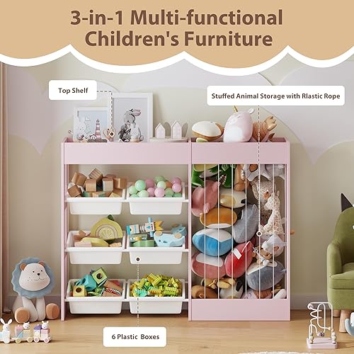 Miniatura 5 de Organizador de almacenamiento de juguetes de 39 pulgadas de alto x 50.6 pulgadas de ancho con almacenamiento de animales de peluche, estantería para