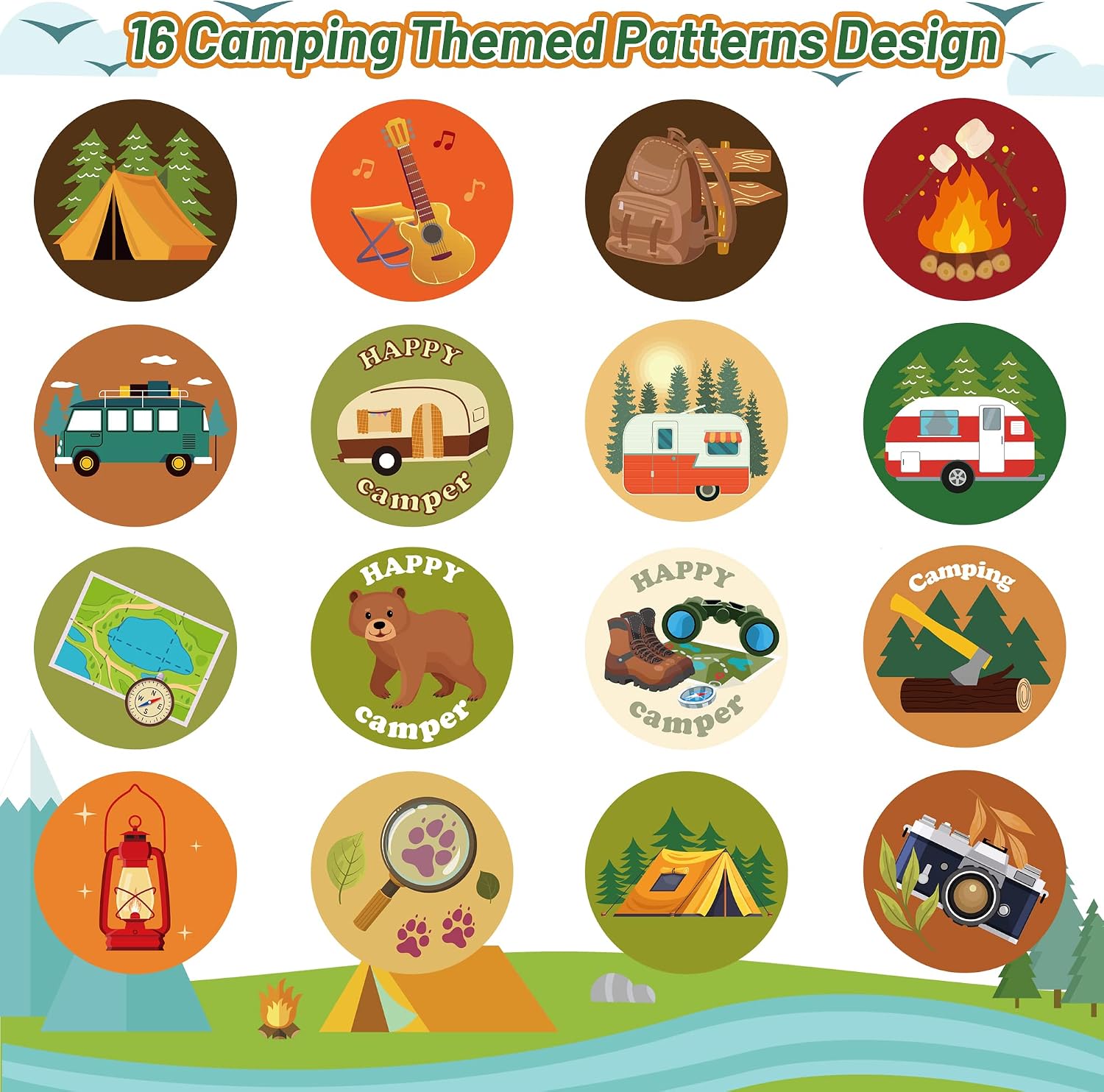 1000Pcs Travel Camping Stickers in 2 Rolls Happy Camper Tent Bonfire Guitar Map Camera Travel Bag Car Themed Self Adhesive Decals for Birthday Gifts Bag Party Supplies School Activity Reward