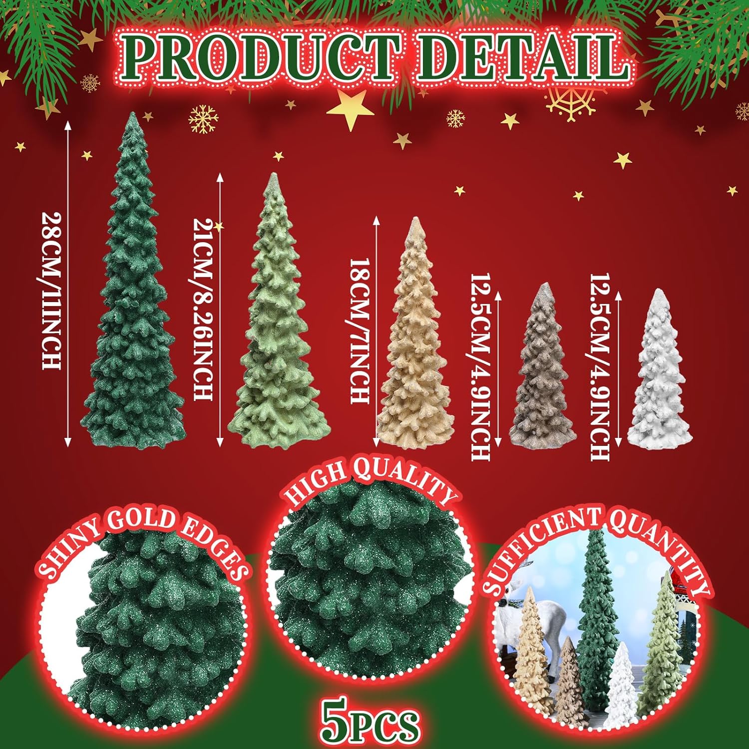 5 Pcs Sage Green Christmas Tree Figurines 11''/ 8.6''/ 7''/4.7'' Glittered Christmas Trees Resin Stone Xmas Holiday Figurines Xmas Desk Decor Centerpieces for Tabletop Decorations