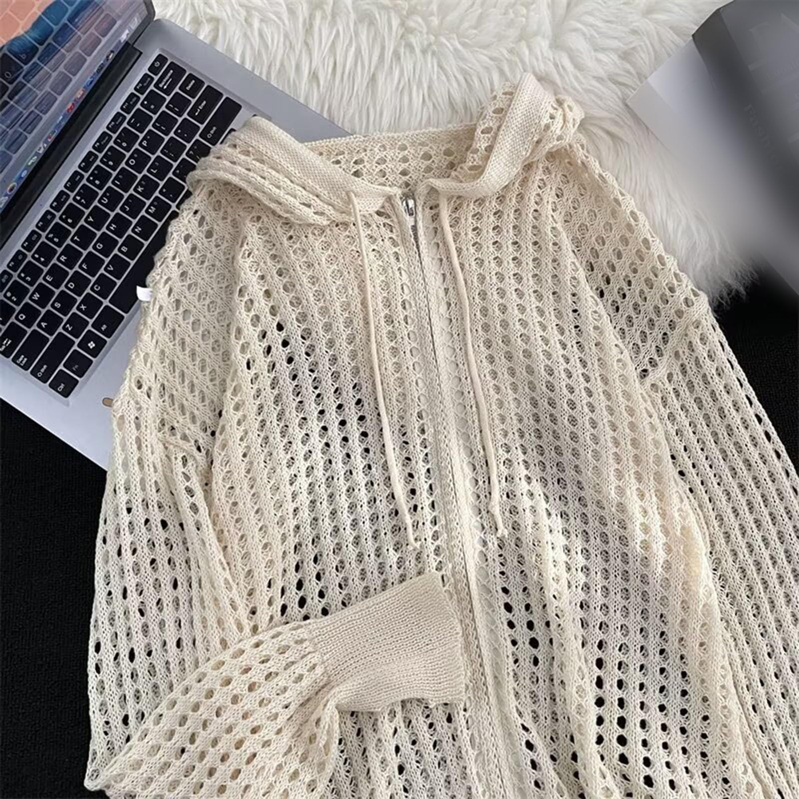Cardigan estivo da uomo, leggero, a rete, casual, lavorato a maglia, morbido, confortevole, con cappuccio, a maniche lunghe, aperto, in rete, cardigan