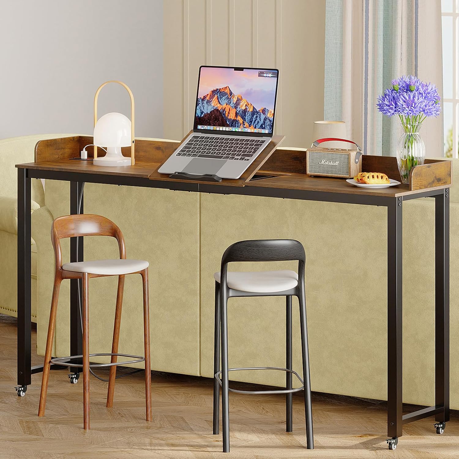 GiftGo Overbed Table with Wheels Portable Rolling Queen Size Mobile Bed Desk with Adjustable Tilt Stand Standing Laptop Cart with Outlets & USB Ports (Rustic Brown, 71 inches)
