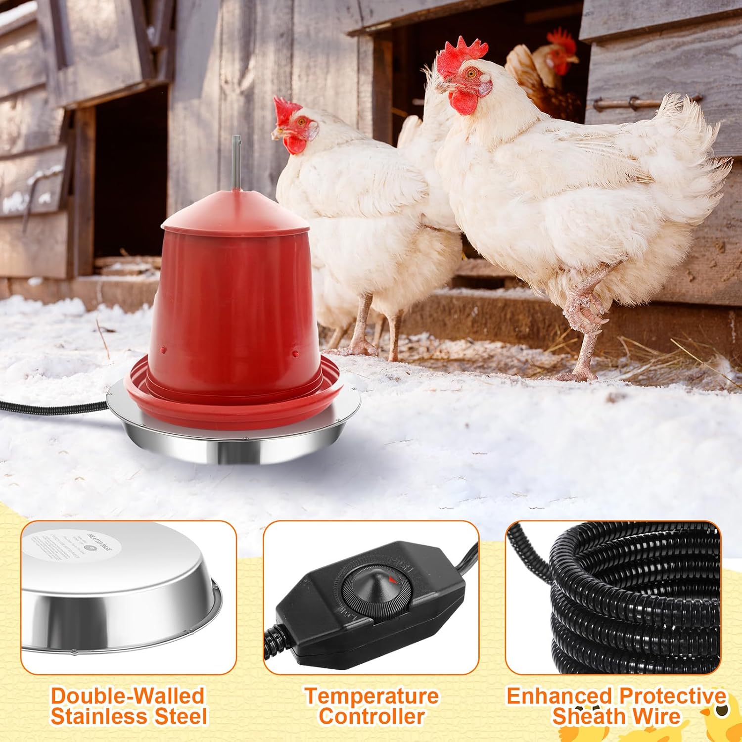VIHOSE 2 Pcs Chicken Coop Heater 1 PC Radiant Heat Panel with Adjustable Temp 77 to 200℉ 1 PC Stainless Steel Poultry Chicken Waterer Heater for Winter Heated Base Radiant Warmer for Inside Outdoor
