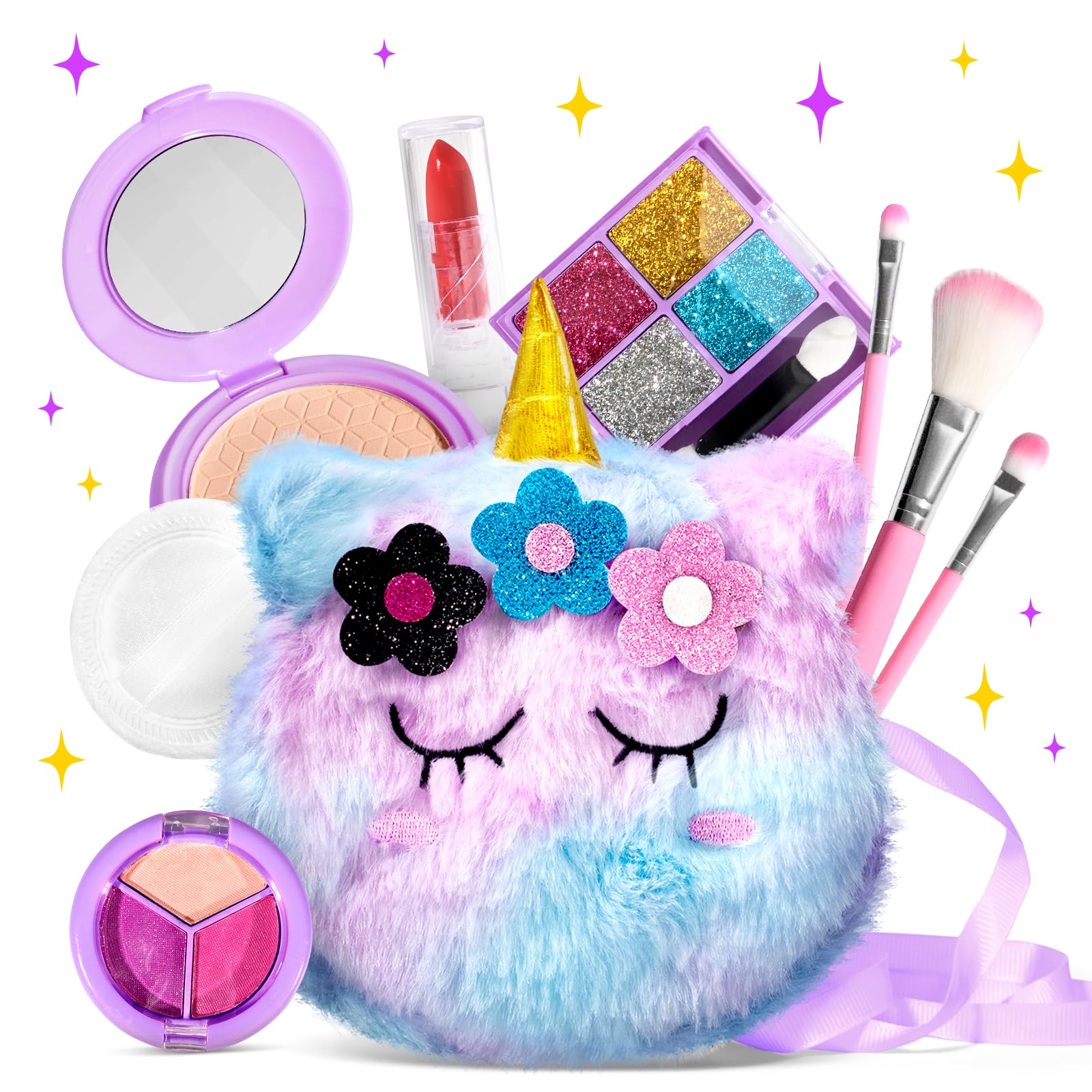 ULOVEME Kids Washable Makeup Kit for Girls 4-6 with Small Coin Purse(5.5x5.25in) - Real, Non Toxic Make Up Toy Gift- Umicorn Gift Set (Purple Coin