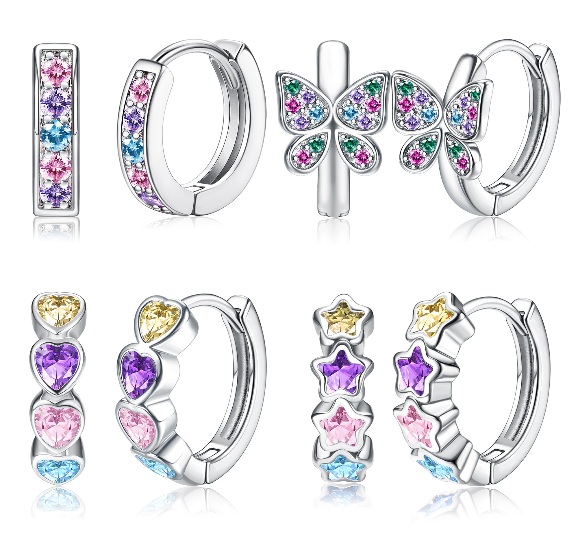 JeweBella 4 Pares Pequeños Pendientes Aro para Mujer Niñas Antialérgicos Pendientes Corazón Mariposa Estrella Zirconia Pendientes de Aro Cartílago Juego de Joyas Regalos para Mujer y Niñas