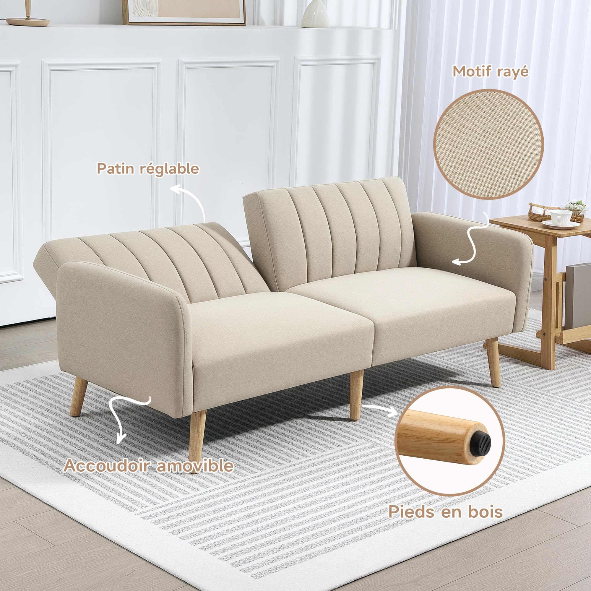 HOMCOM Canapé Convertible 2 Places Design scandinave Dossier inclinable 3 Positions Pieds Bois Tissu Aspect Lin Beige