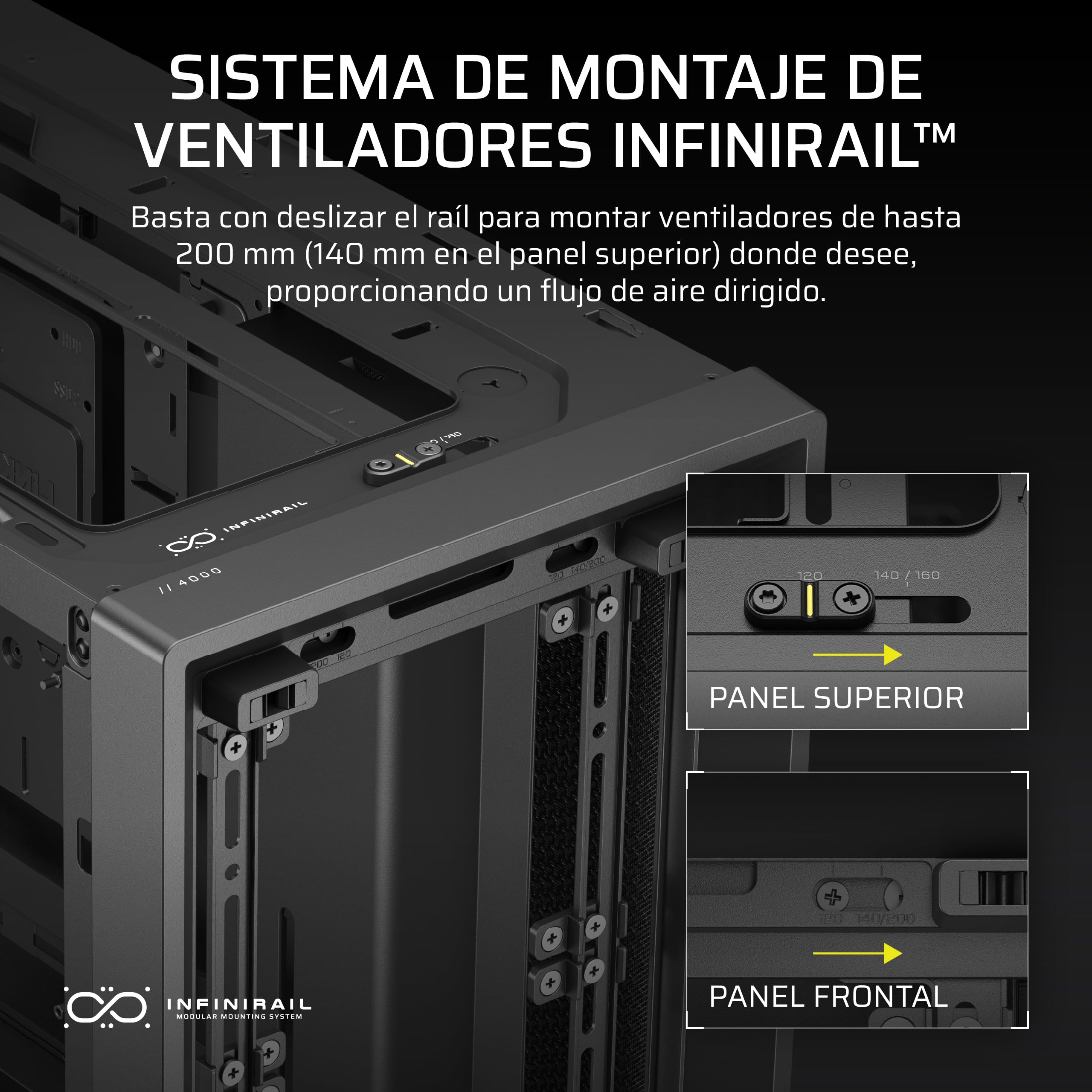CORSAIR Frame 4000D Caja Modular Mid–Tower ATX para PC – Alto Flujo de Aire, Sistema de Montaje de Ventiladores InfiniRail™, ASUS BTF, MSI Project Zero, Gigabyte Project Stealth – Negro