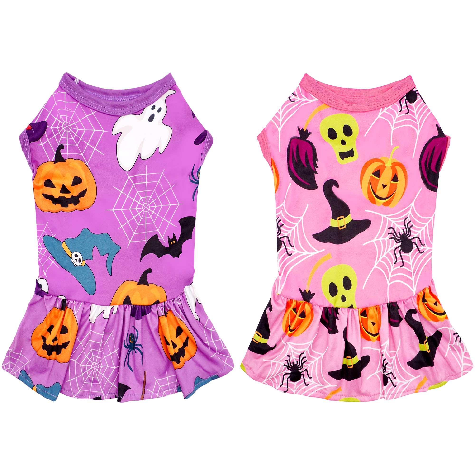 JpGdn 2PCS/Pack Halloween Dog Dresses for Extra Large Dog Girl Female Skirts Pink Purple Pumpkin Bats Ghost Spider Sundress for Holiday Party Breathable Stretchy Lightweight Soft XL