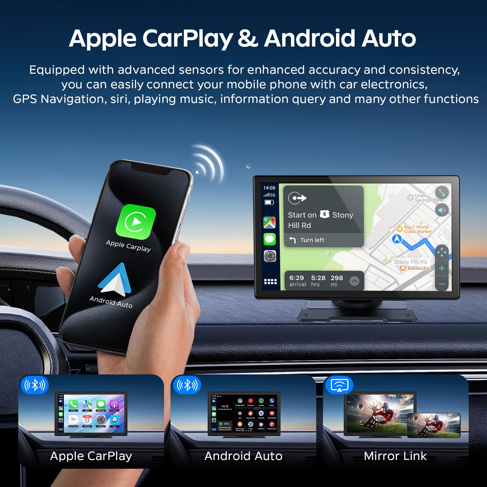 9 Ecran Carplay Voiture avec Carplay sans Fil Android Auto, Dashcam 4K, Caméra de Recul 1080P, Autoradio Portable Mirrorlink/Bluetooth/GPS/Siri/Google/AUX/FM, Adapté à Plusieurs Véhicules