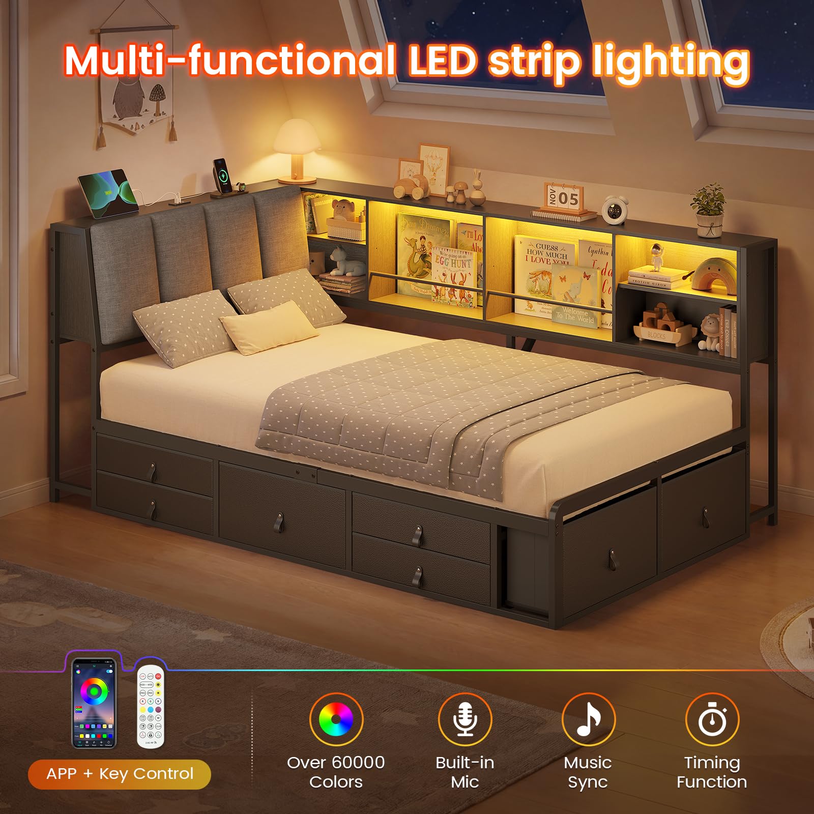 KIMENICH Sofá Cama 90x200 con Luces LED y Enchufe de Carga, Cama Individual con 7 Cajones y Espacio de Almacenamiento, Respaldo Ergonómico de 105°, Estructura de Cama de Metal, Negro