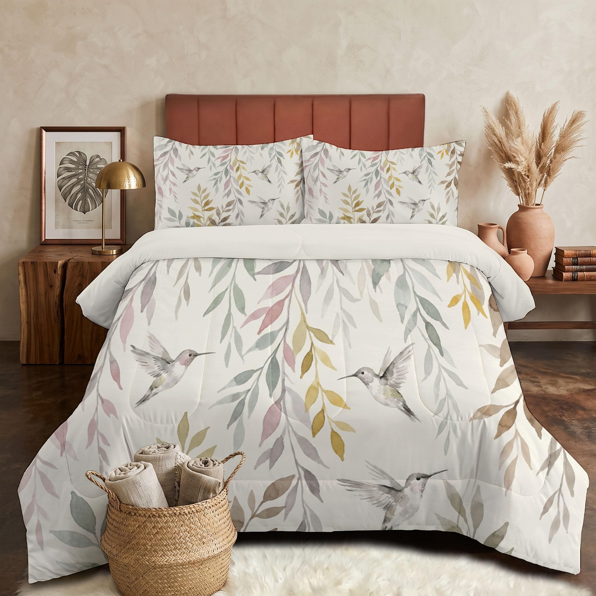 Copriletto Trapuntato Per Bambini Con Semplici Fiori E Uccelli Ad Acquerello | Trapunta Matrimoniale Invernale, Beige, Piumone Caldo Morbido Foglie Verdi Animali Per Decorazione Camera Da Letto