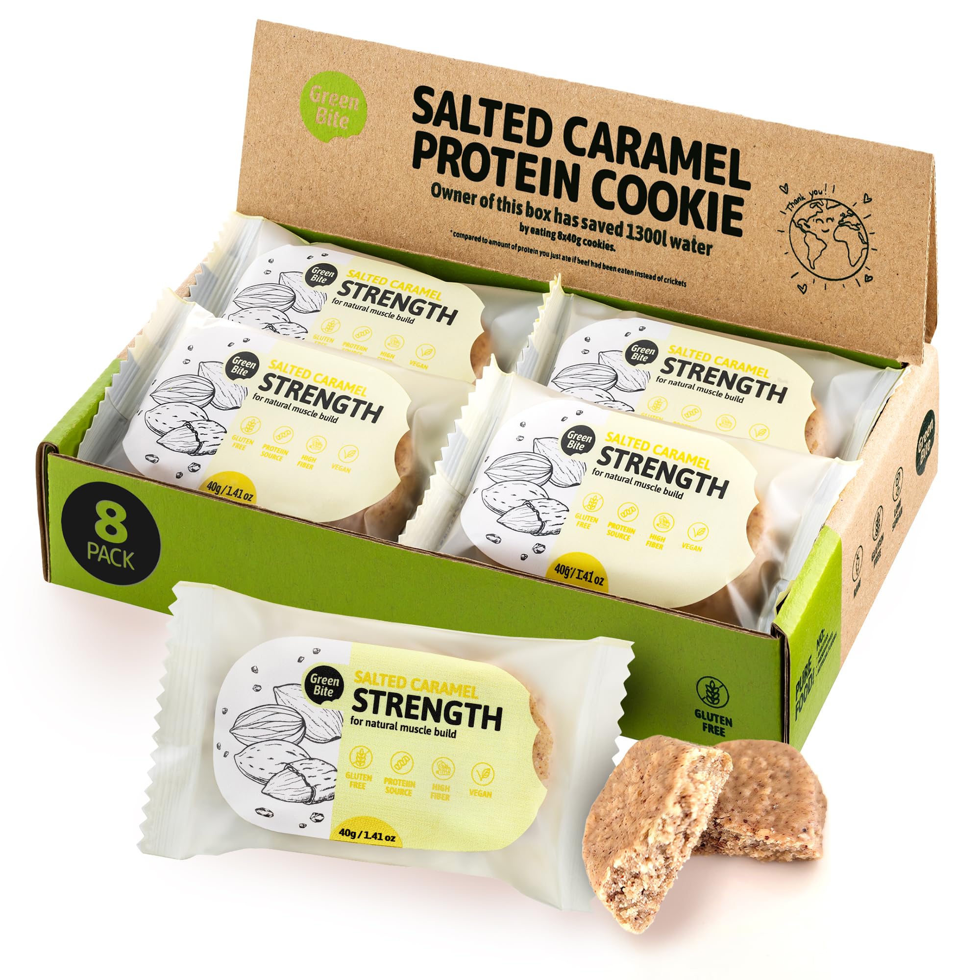 Galletas de avena sin gluten con alto contenido proteico - Galletas vegetales horneadas suaves con caramelo salado - Ideales como refrigerio saludable, almuerzo, desayuno y como dulce - Aptas para dietas veganas - 8 piezas envueltas individualmente