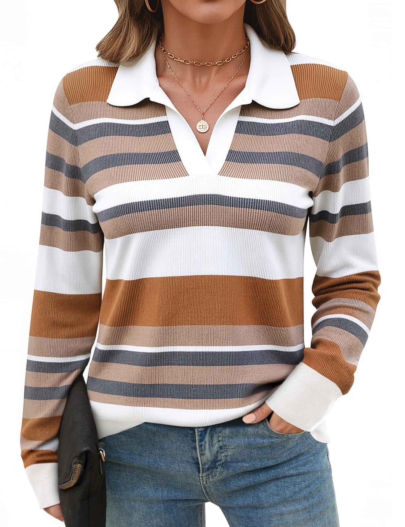Romanstii Women's Knitted Collared Sweaters Long Sleeve V-Neck Polo Shirts Winter Pullover Tops Solid