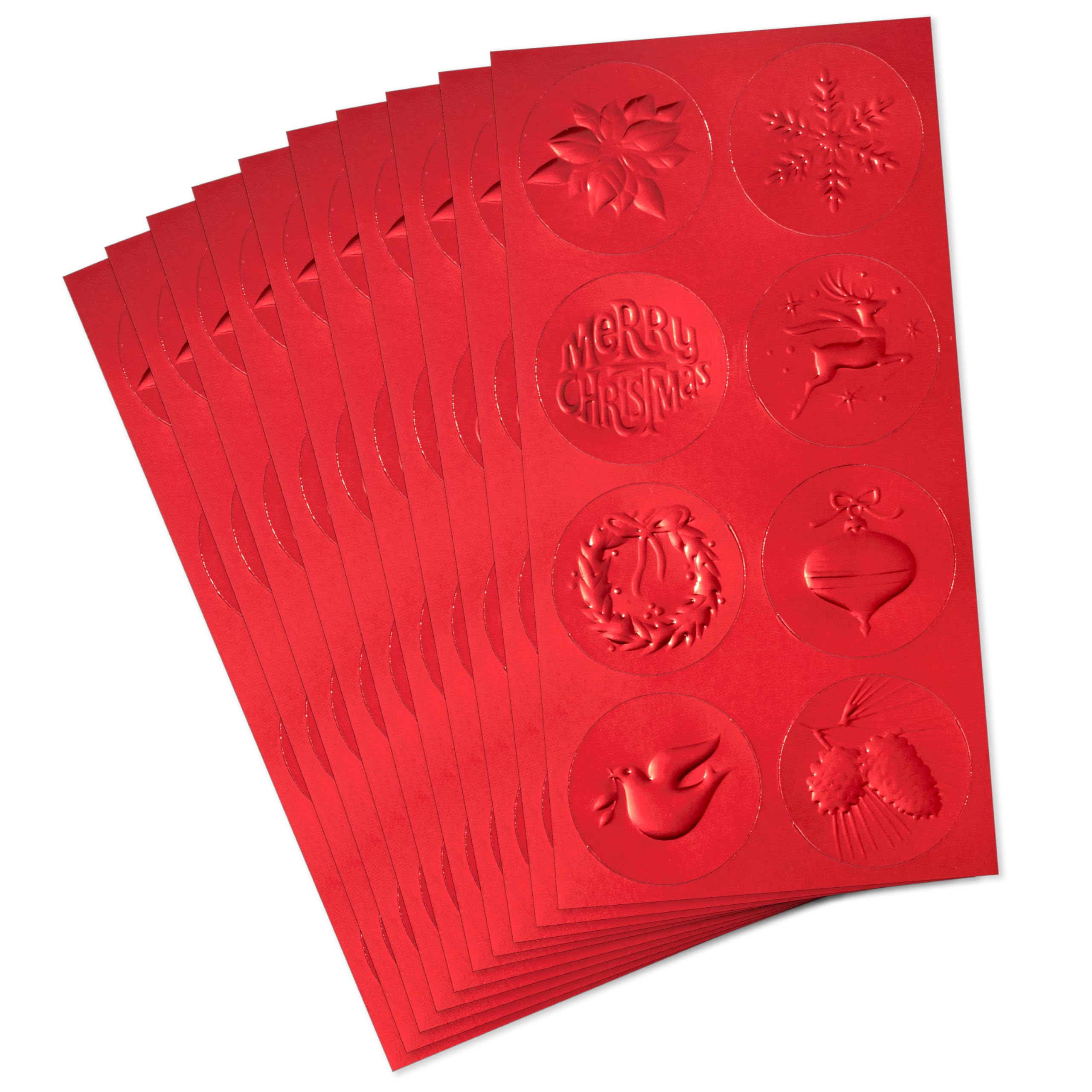 HallmarkRed Foil Holiday Sticker Seals for Envelopes (80 Seals) Ornament, Wreath, Pinecone