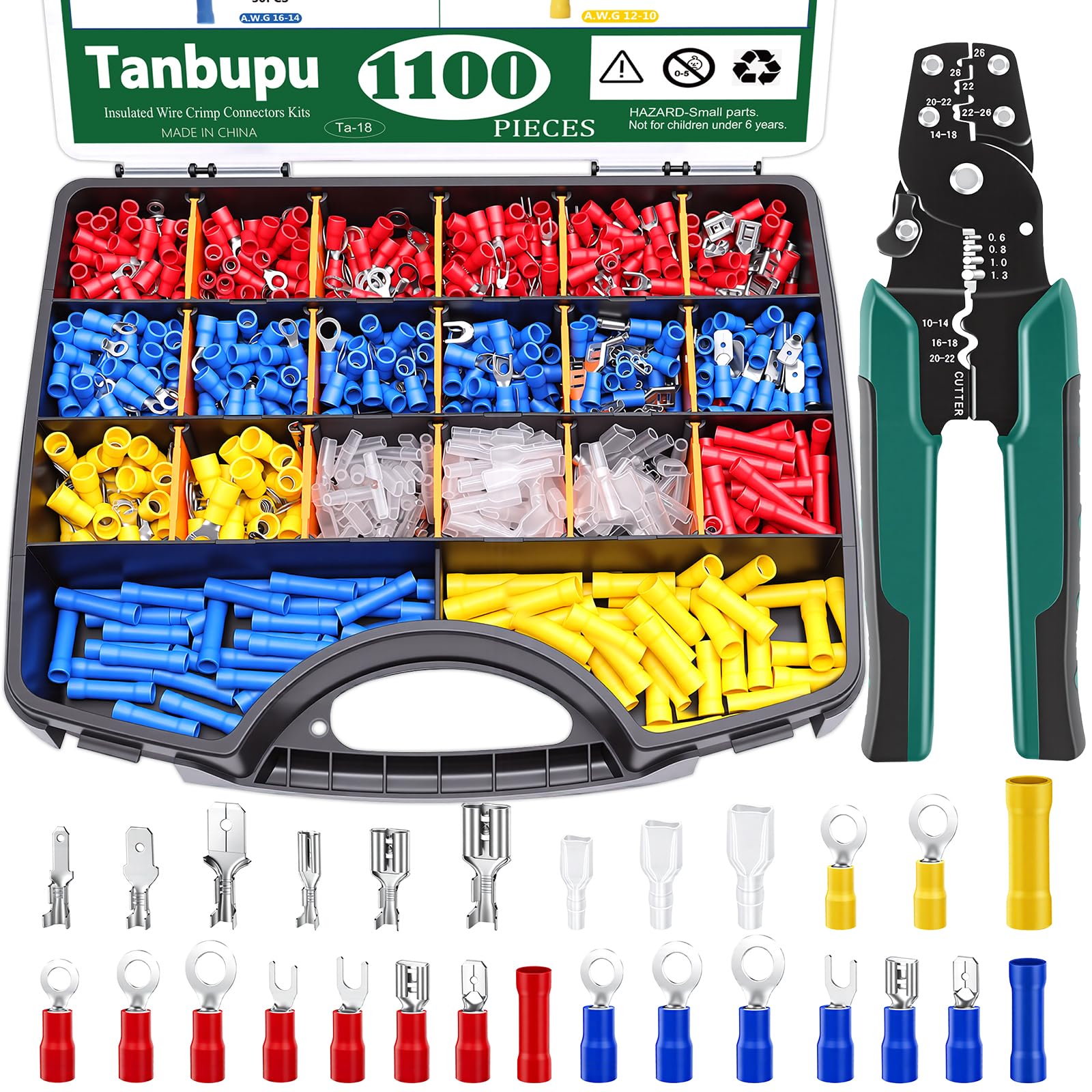1100 connettori per cavi, terminali isolati per cavi elettrici con crimpatura/spellatura/taglio, strumento di crimpatura multifunzione 22-10AWG, kit di connettori ad anello, testa a vanga